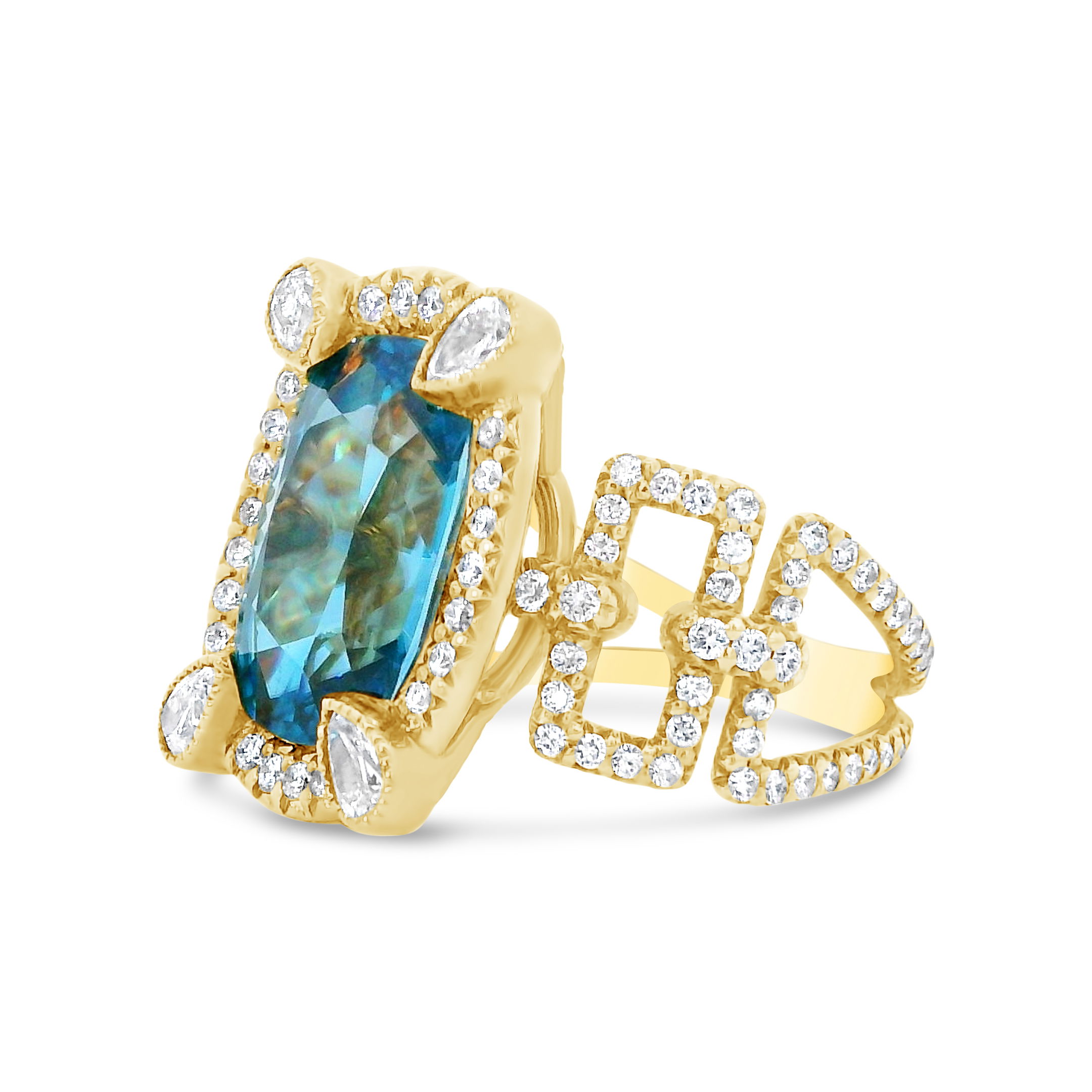 Erica Courtney presents this 18k yellow gold ring featuring a vibrant blue zircon at its center, framed by sparkling diamonds. Bold yet timeless, it adds a captivating pop of color to any collection.-18k Yellow gold-Blue zircon, 10.88ct-Diamonds, 1.90ctsItem# 001-200-01146 Dream Made Blue Ring