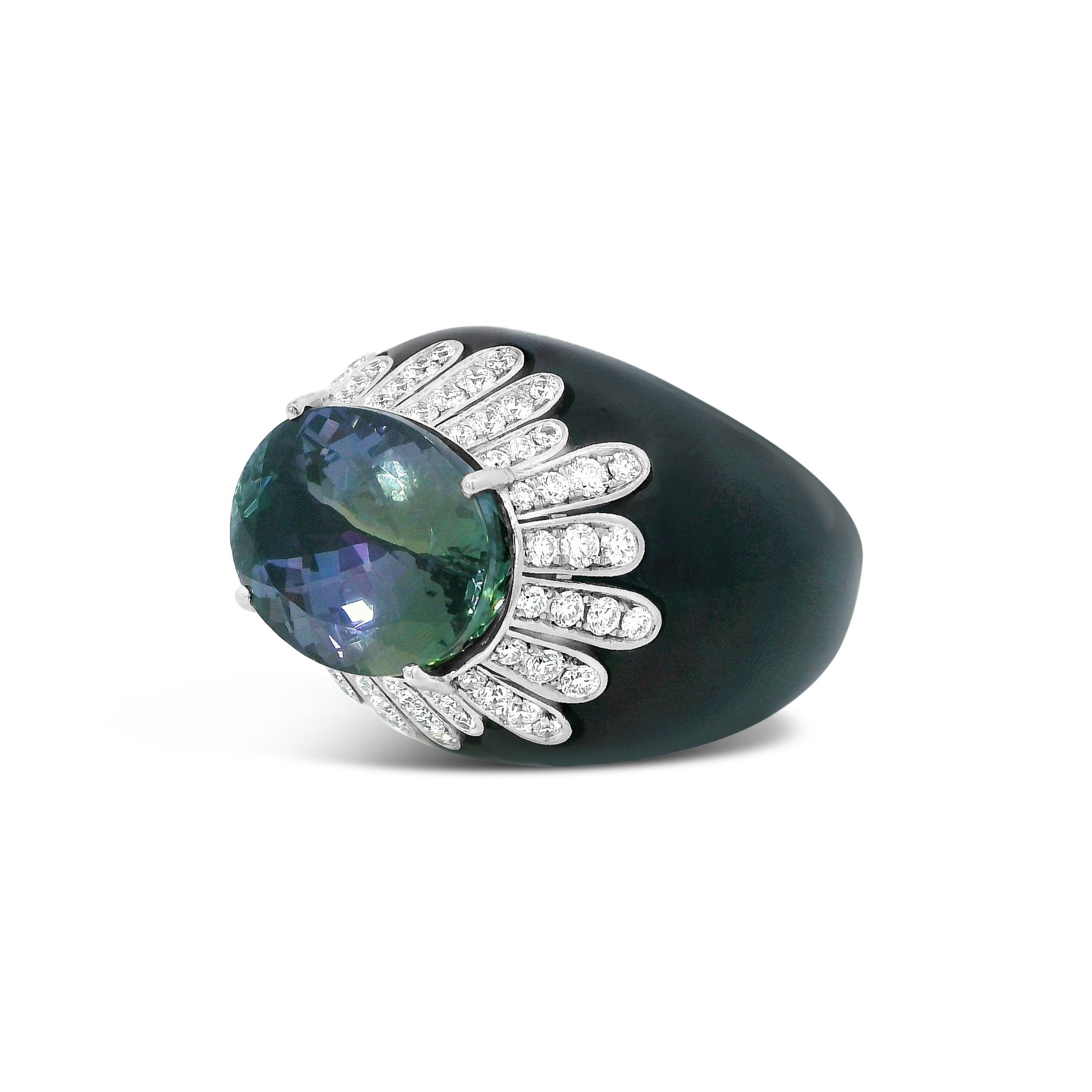 This rare unheated Tanzanite ring makes a bold statement while still bursting with elegance. With custom cut onyx & diamonds, this piece is a classy addition to any jewelry collection. Cicada atelier is located in the heart of the New York City jewelry district on 47th street, where each unique piece is meticulously handcrafted.-Platinum-Oval Tanzanite, 8.74cts-Round diamonds, 1.01cts -Custom carved onyx-SizeItem# 200-01151 Tanzanite & Diamond Ring