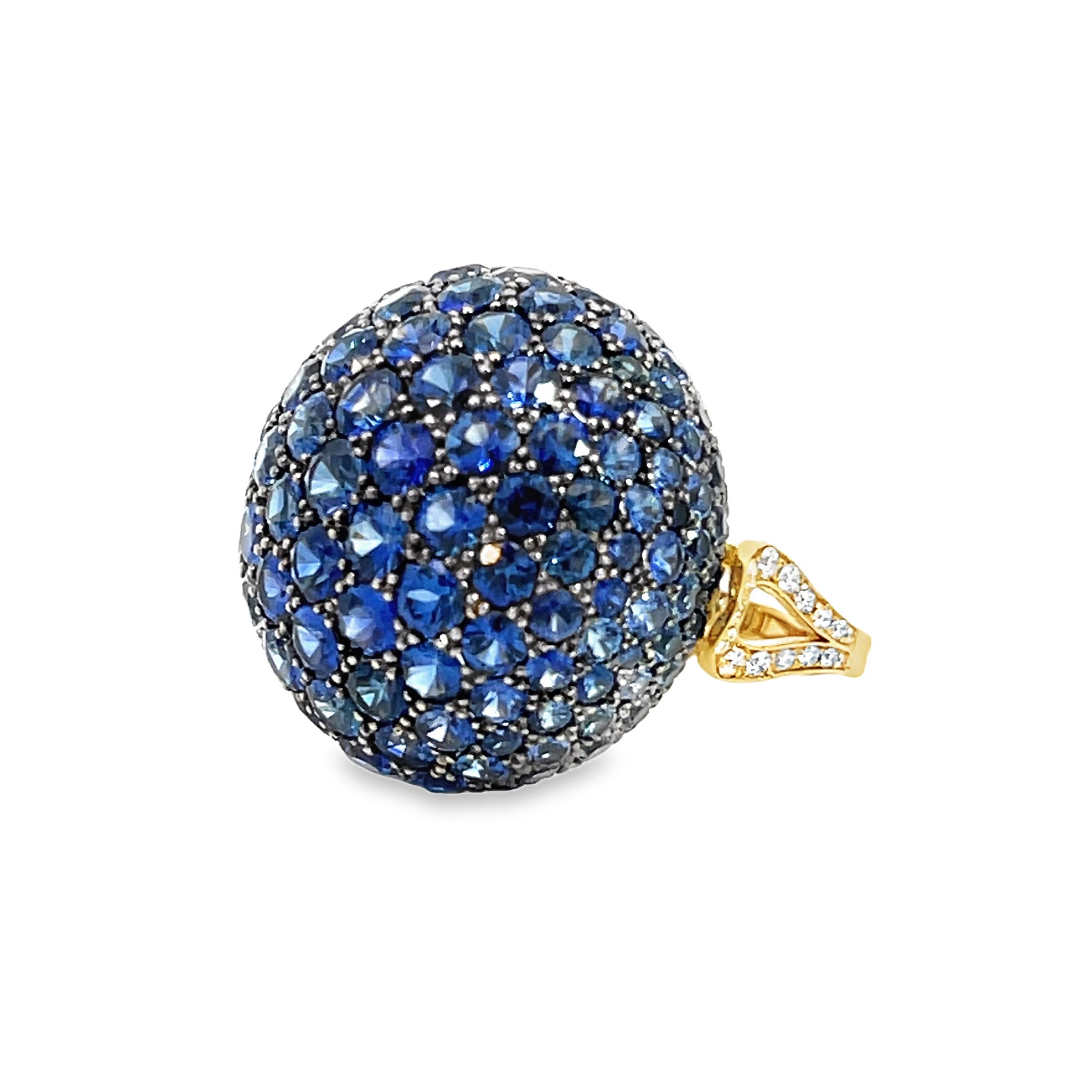 For the sapphire lovers, this one of a kind piece by Cicada is a the perfect addition to any jewelry collection. Cicada atelier is located in the heart of the New York City jewelry district on 47th street, where each unique piece is meticulously handcrafted.-18K yellow gold-Round sapphires, 11.5cts-Round diamonds, 0.75ctsItem# 200-01153 Blue Sapphire Dome Ring