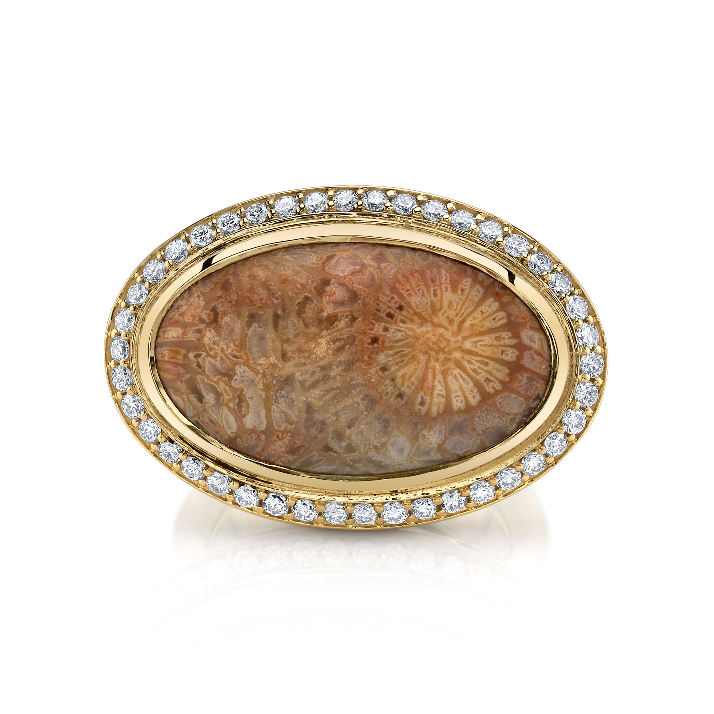 The Amara Oval Ring showcases a stunning petrified coral, accented by 42 round diamonds in 18k gold. This ring elegantly combines natural texture with radiant sparkle.-18k Yellow gold-Petrified coral-Round diamonds, 0.63cts-Size 6.5. Contact for sizing options.Item# 200-01222 Amara Oval Ring