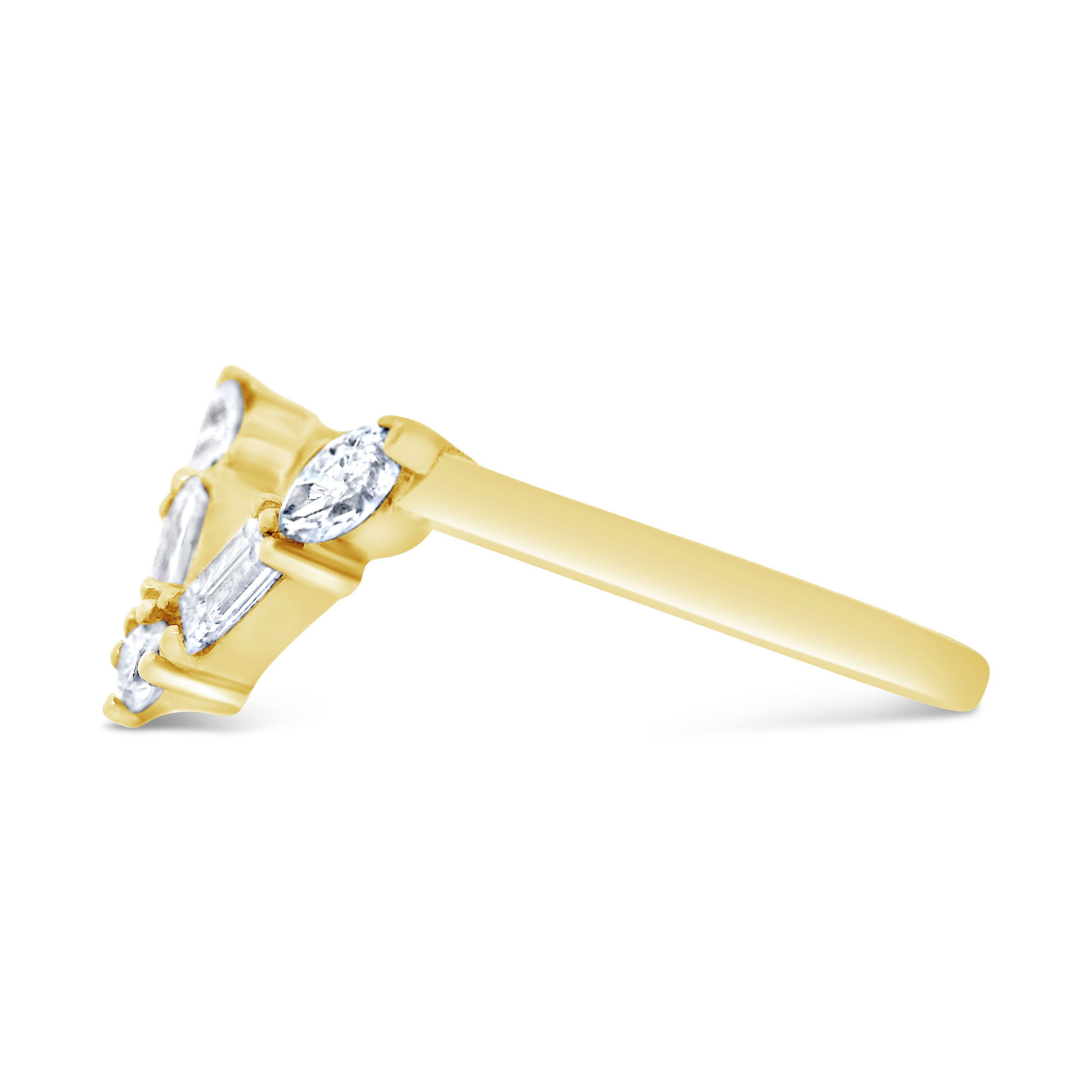 This striking deep contour wedding band in 18k yellow gold features a mix of round, marquise, and baguette diamonds, creating a bold, yet elegant design. The deep curve ensures a perfect fit alongside your engagement ring, while the varied diamond shapes add a touch of sophistication and sparkle.-18k Yellow gold-Round, Marquise, Baguette diamonds, 0.45cts-Size 7, Contact for sizing optionsItem# 110-00571 Deep V Contour Wedding Band