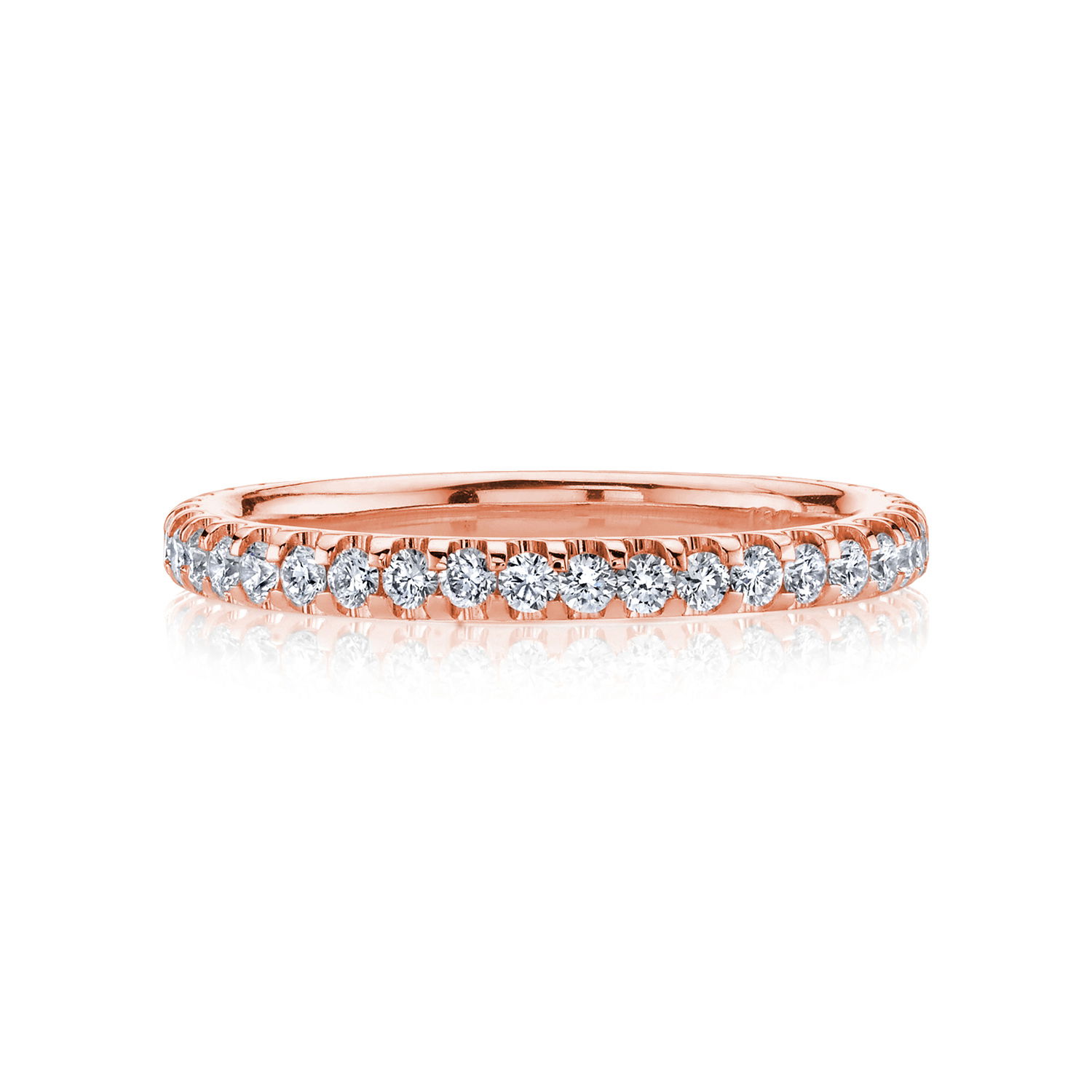 This 18k rose gold eternity band is beautifully set with a continuous row of sparkling round diamonds. Its timeless design and radiant finish make it a perfect symbol of eternal love and a stunning addition to any jewelry collection.18k Rose gold-Round diamonds, 0.54cts-Size 6, Contact for sizing optionsItem# 110-00573 Rose Gold Eternity Band