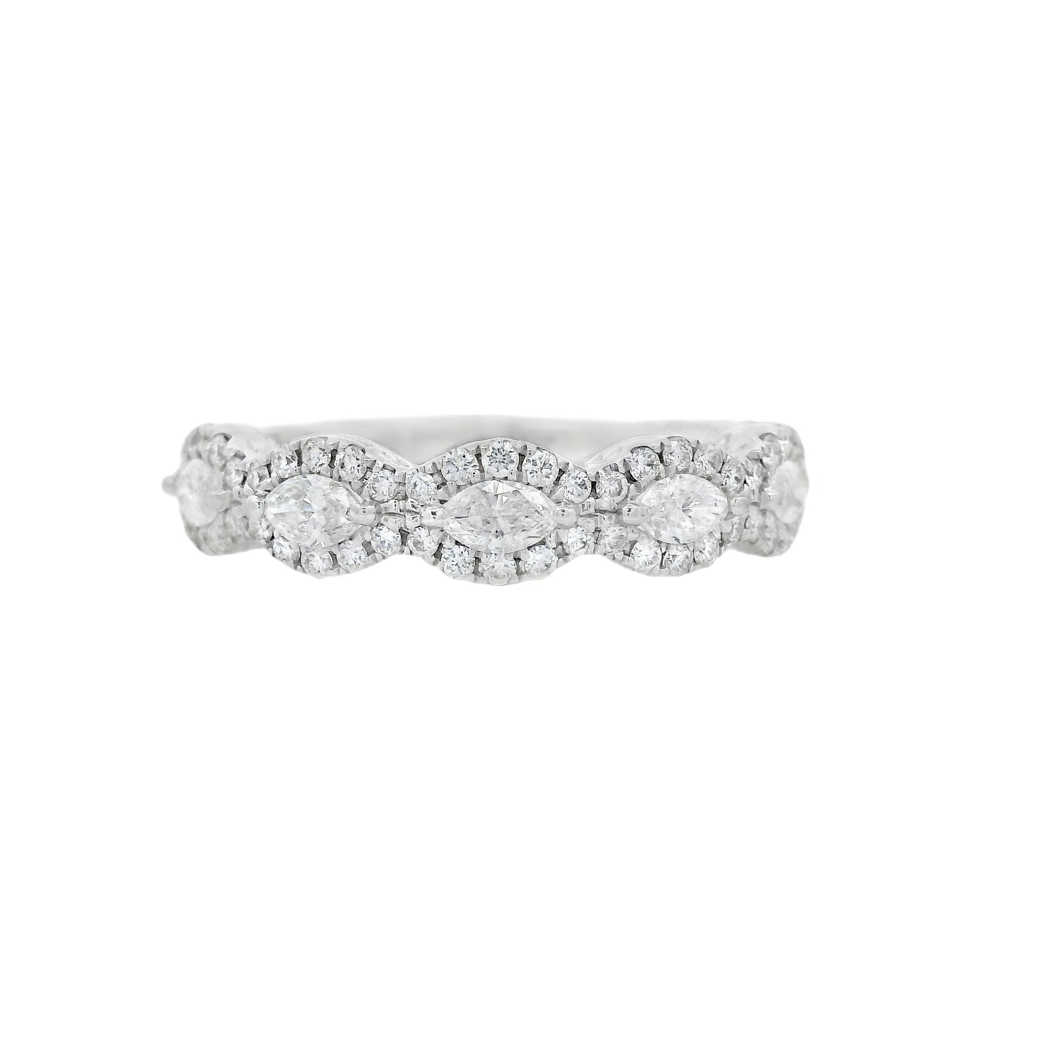 This unique wedding band in 18k white gold features stunning east-to-west marquise diamonds, each surrounded by a delicate halo for added brilliance. The distinctive design offers a modern twist on classic elegance, making it a perfect choice to complement your engagement ring and celebrate your timeless love.-18k White gold-Round, Marquise diamonds, 0.32cts-Size 6.5, Contact for sizing optionsItem# 110-00577 East West Wedding Band