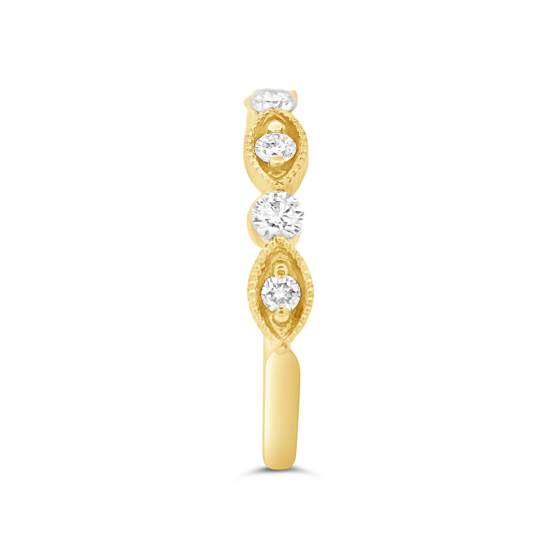 Timeless and versatile, this diamond 18k yellow gold wedding band features delicate milgrain detailing, adding a touch of vintage charm. Perfect for wearing alone, as a wedding band, or stacked with other rings, its elegant design offers both brilliance and sophistication. -18k Yellow Gold-Round diamonds, 0.30cts-Size 6.5, Contact for sizing optionsItem# 110-00580 Milgrain Wedding Band