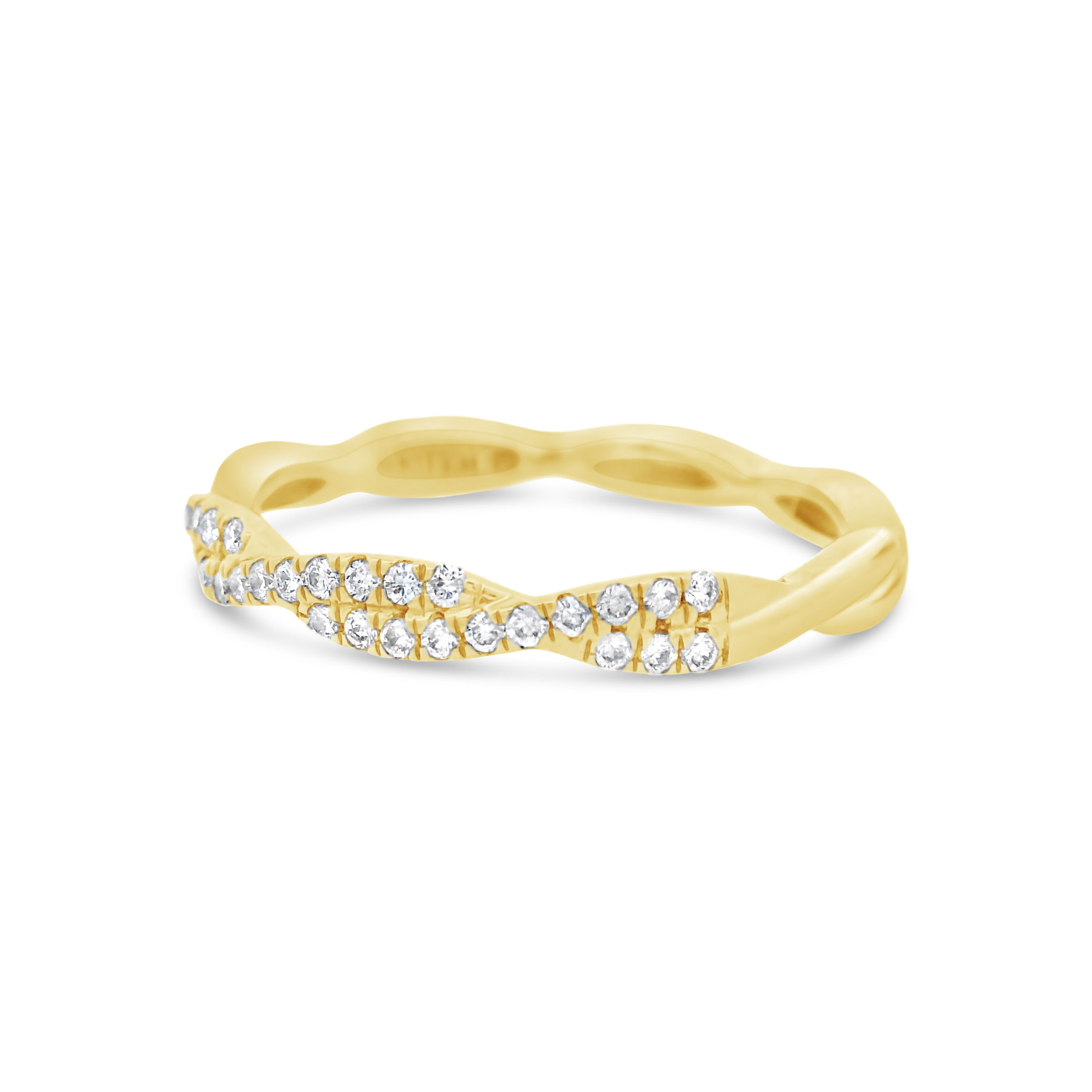 Elegant and versatile, this 18k yellow gold and diamond twisted wedding band features an intertwined design that symbolizes unity and everlasting love. Its delicate sparkle and timeless style make it perfect for wearing alone, as a wedding band, or stacked with other rings.-18k Yellow gold-Round diamonds, 0.23cts-Size 6.25, Contact for sizing optionsItem# 110-00585 Twist Wedding Band