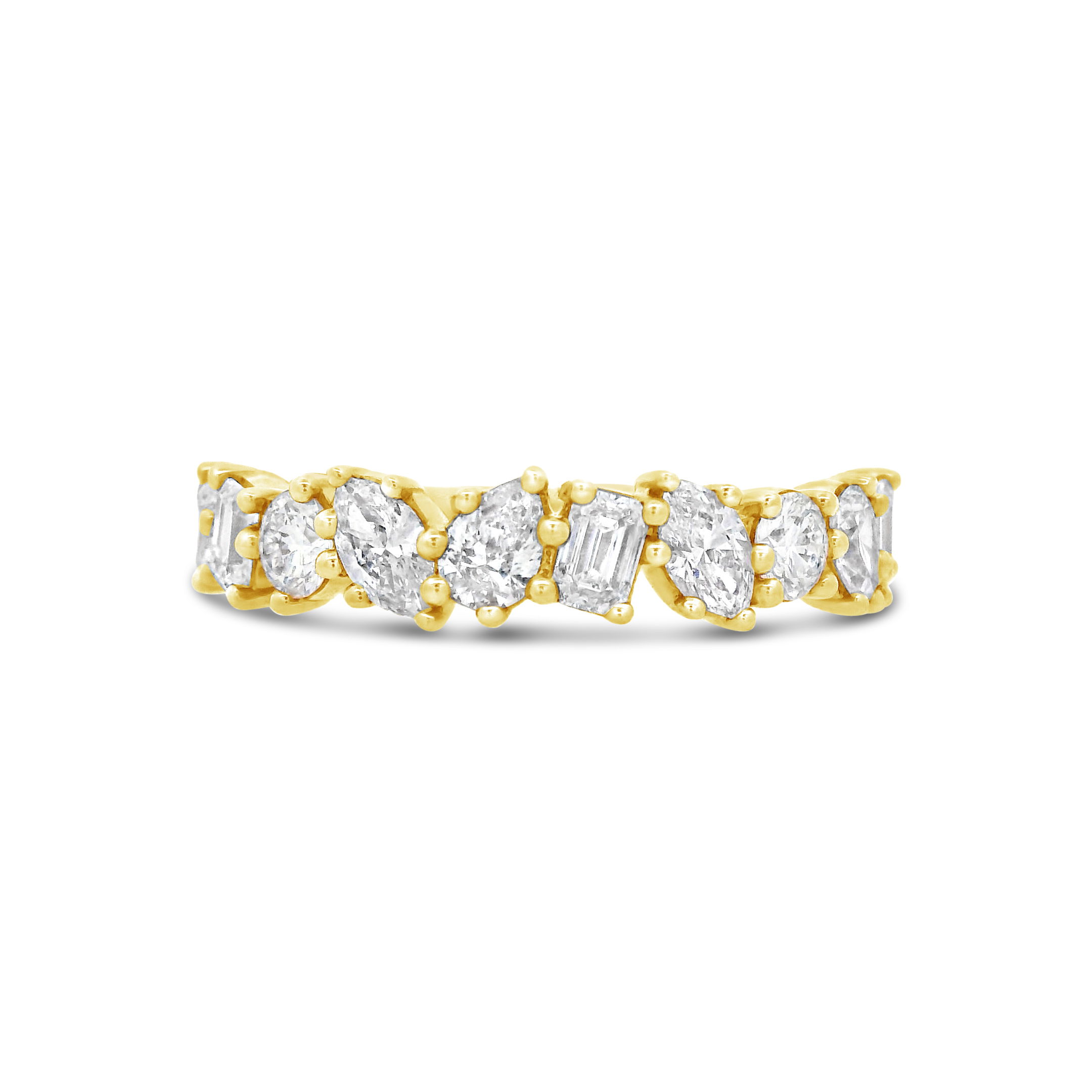 Unique and eye-catching, this 18k yellow gold wedding band features a stunning mix of round, pear, emerald, and marquise-cut diamonds, creating a dynamic and elegant design. The alternating shapes add character and brilliance, making it a timeless piece for those who appreciate distinctive beauty.-18k Yellow gold-Pear, Round, Emerald, Marquise diamonds, 1.04cts-Size 6.5, Contact for sizing optionsItem# 110-2000002 Multi-Shape Wedding Band