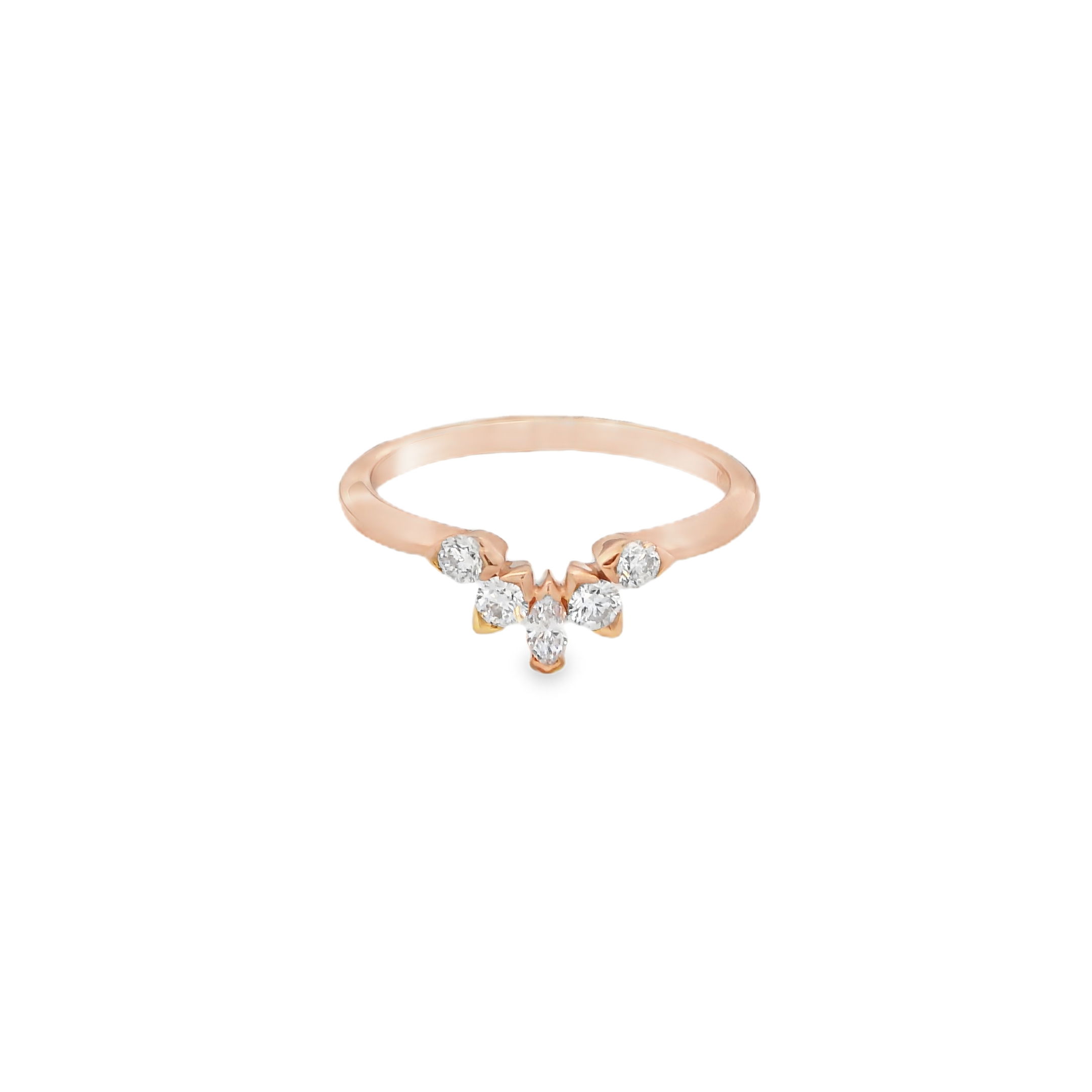 Delicate and feminine, this 18K rose gold contour band features round and marquise diamonds arranged in a floral-inspired design. A graceful accent that brings natural beauty and romantic charm to any ring stack.-18k Rose gold-Round, Marquise diamonds, 0.38cts-Size, Contact for sizing optionsItem# 110-2000003 Floral Contour Band