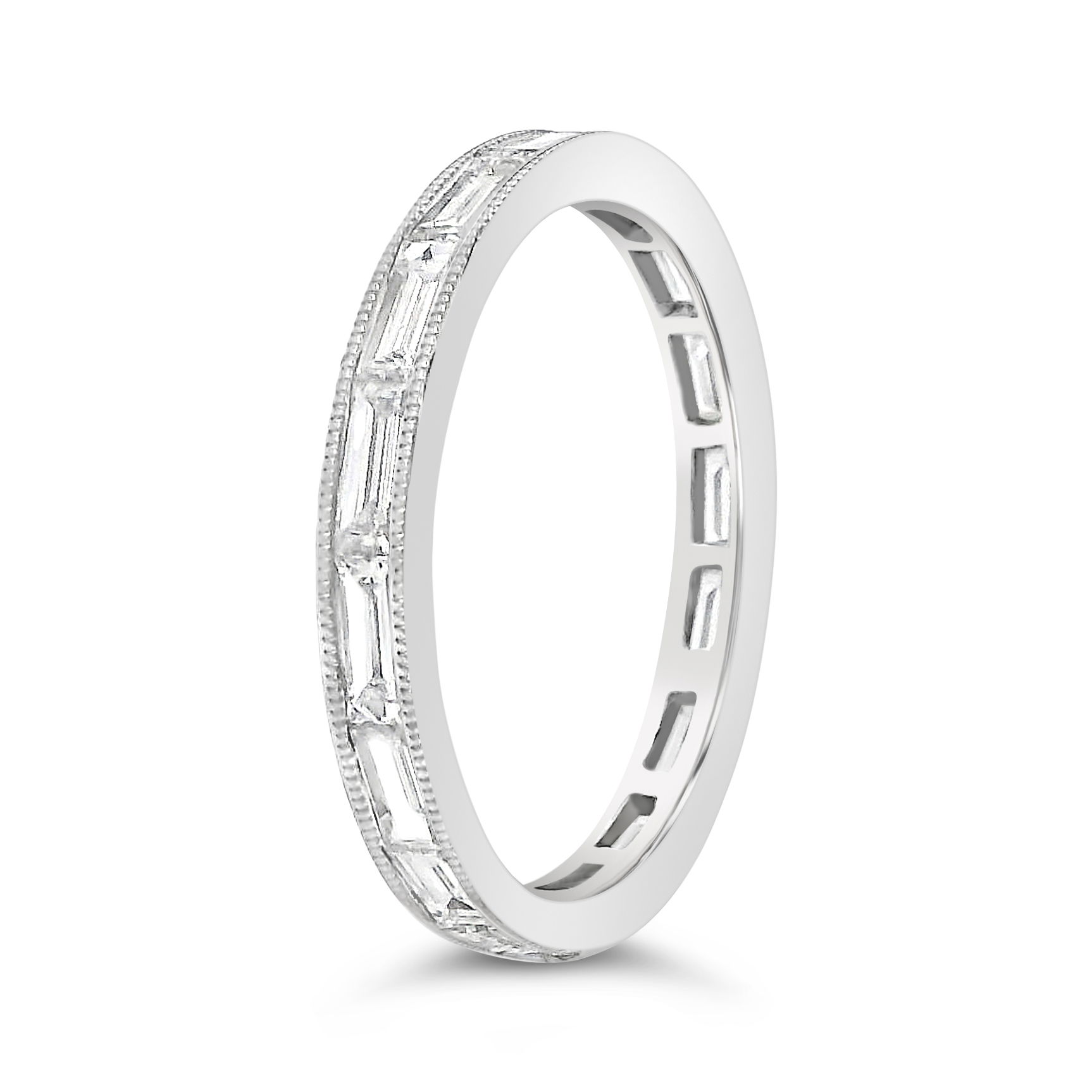 This 18k white gold eternity band features channel-set baguette diamonds, accented by a delicate milgrain edge. Its timeless design and refined detailing make it the perfect symbol of lasting love.-18k White gold-Baguette diamonds, 1.40cts-Size 6.25, Contact for sizing optionsItem# 120-00118 Baguette Eternity Band