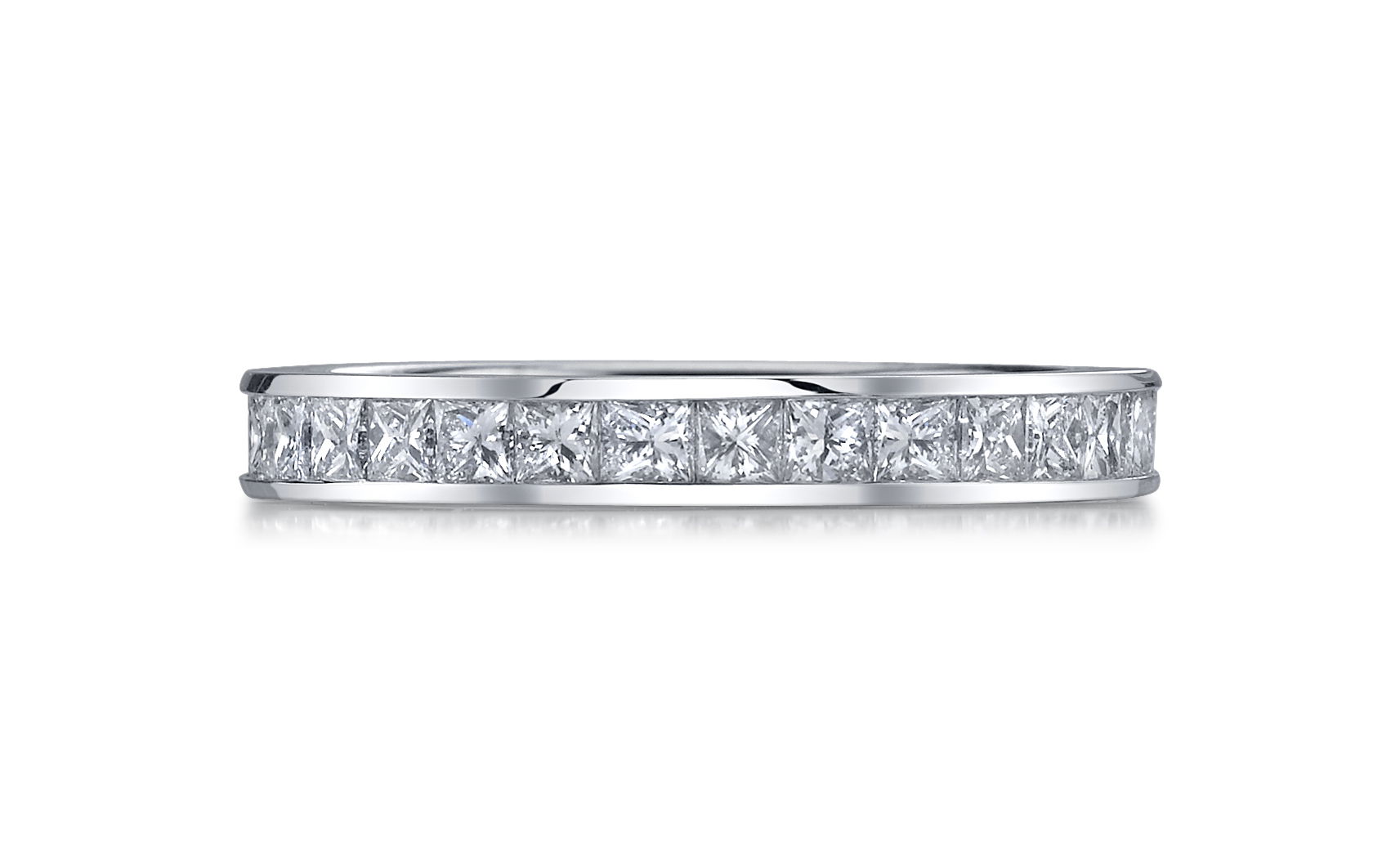 This platinum eternity band showcases channel-set princess cut diamonds, creating a clean and modern design with exceptional brilliance. A perfect symbol of everlasting love, this timeless piece adds a sophisticated touch to any jewelry collection.-Platinum-Princess cut diamonds, 1.50cts-Size 5.75, Contact for sizing optionsItem# 120-00120 Princess Cut Eternity Band