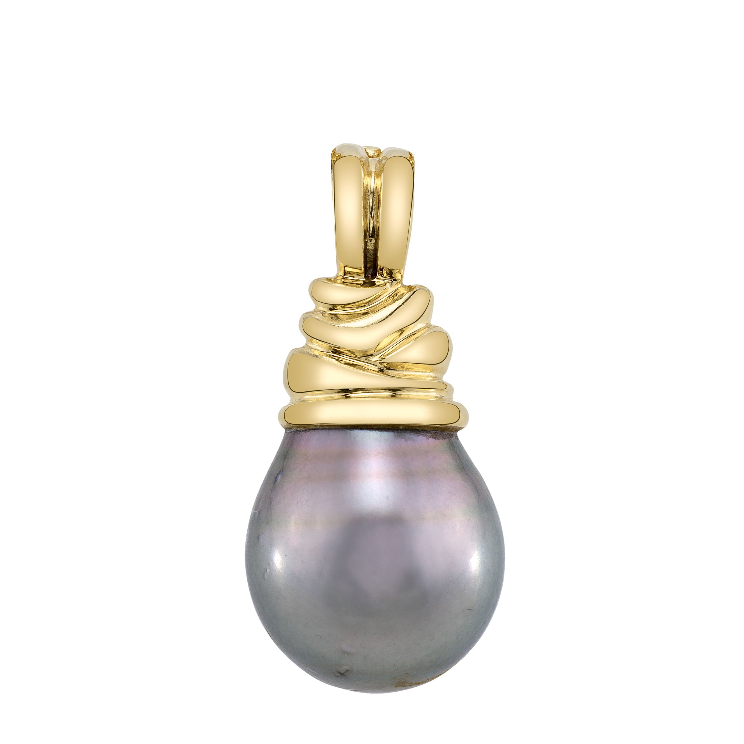 This Tahitian pearl pendant, set in 18k yellow gold, showcases the natural beauty of its rich, dark luster. A perfect balance of elegance and refinement, it's an exquisite piece that adds timeless sophistication to any wardrobe. Chain sold separately.-18k Yellow gold-Satin finish bail-Tahitian pearl 16x20mmItem# 320-00063 Mini Audrey Pendant 2.0
