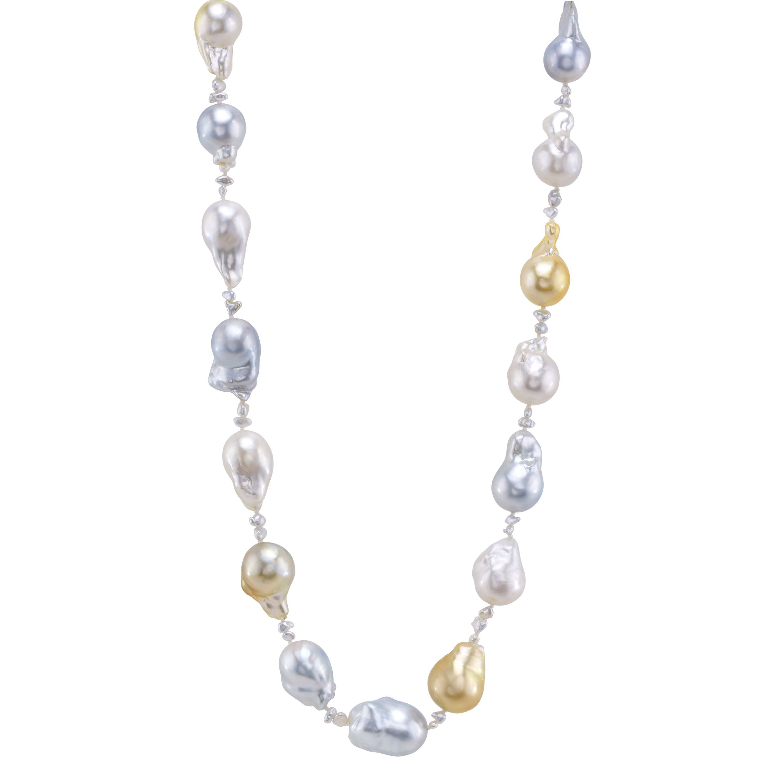 "Valerie Pearl Necklace" is crafted from 14k white gold and features lustrous pearls that reflect Valerie's timeless style. As a personal favorite of the owner, this elegant piece embodies classic sophistication and has become a signature staple in her collection.-14k White gold-South sea baroque and keshi pearls-Length 24”Item# 325-00199 Valerie Pearl Necklace