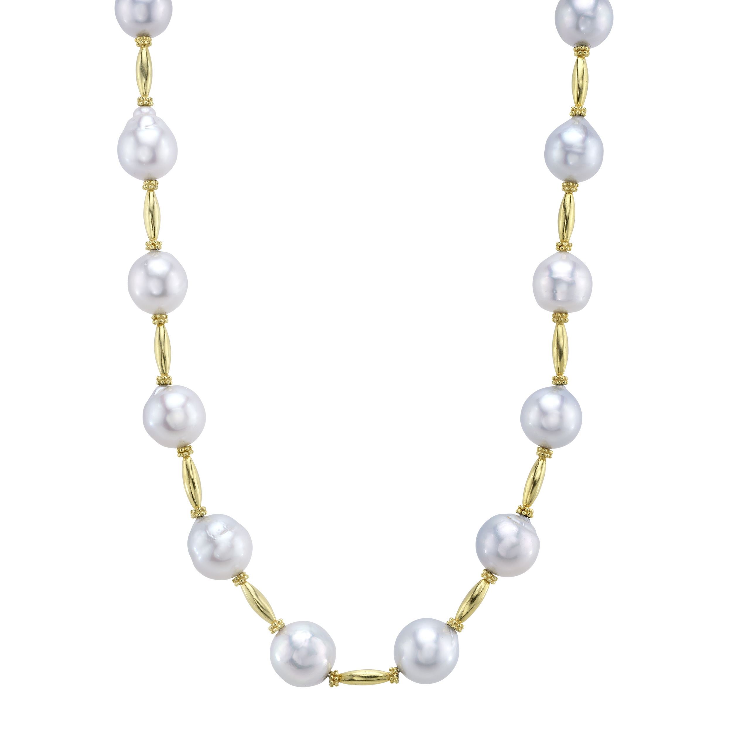 This necklace showcases radiant South Sea pearls beautifully set in 18k yellow gold. The golden setting enhances the natural elegance of the pearls, creating a versatile piece perfect for any occasion.-18k Yellow gold-South sea pearls-Length 18”Item# 325-00204 Claudette Necklace