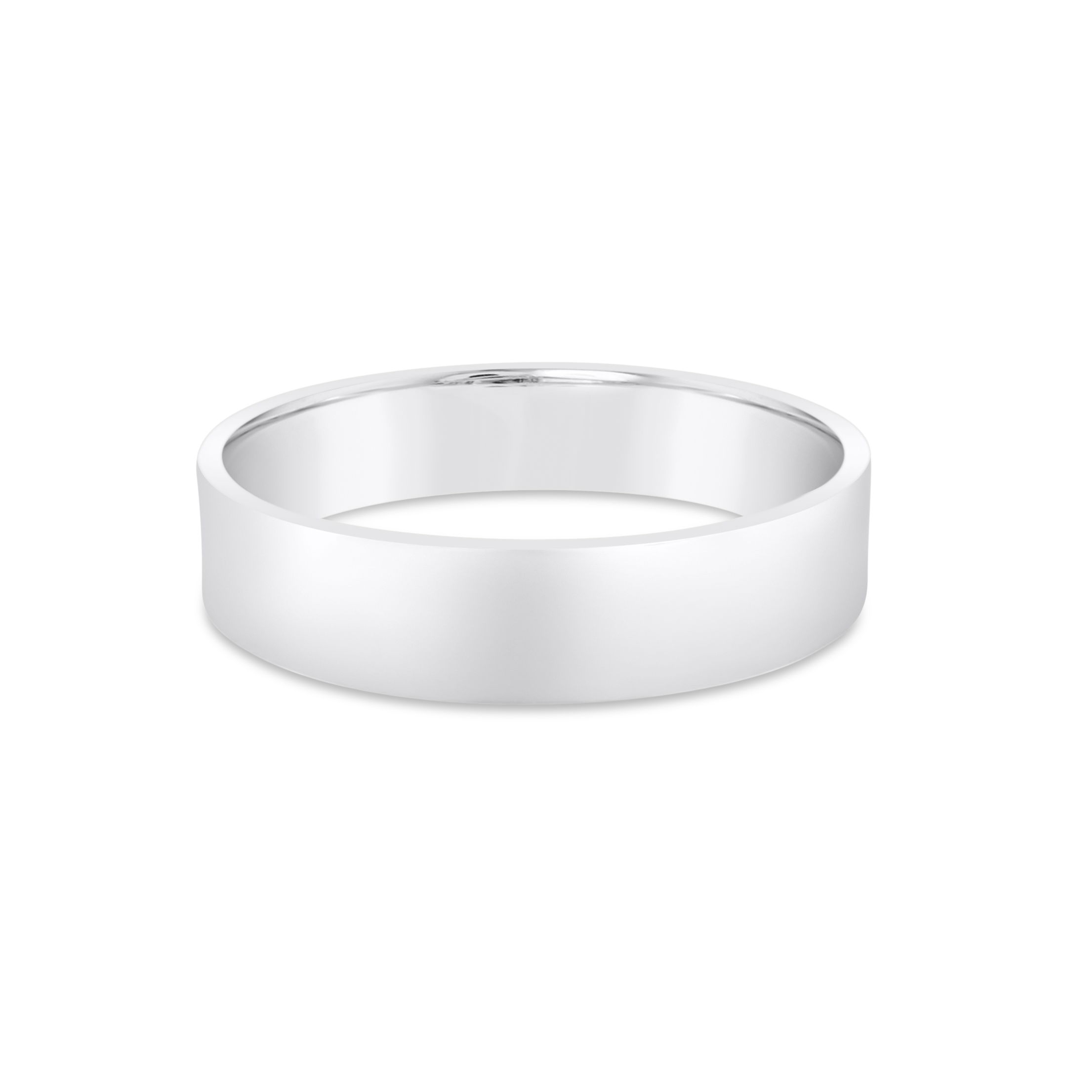 Crafted in luxurious platinum, this flat profile men's wedding band offers timeless style with a refined, polished finish. Its classic silhouette and substantial weight make it a symbol of enduring strength and commitment. "Naifeh" is engraved on the inside of the ring.-Platinum-5mm-Size 10, Contact for sizing optionsItem# 405-00082 Flat 5mm Men's Band