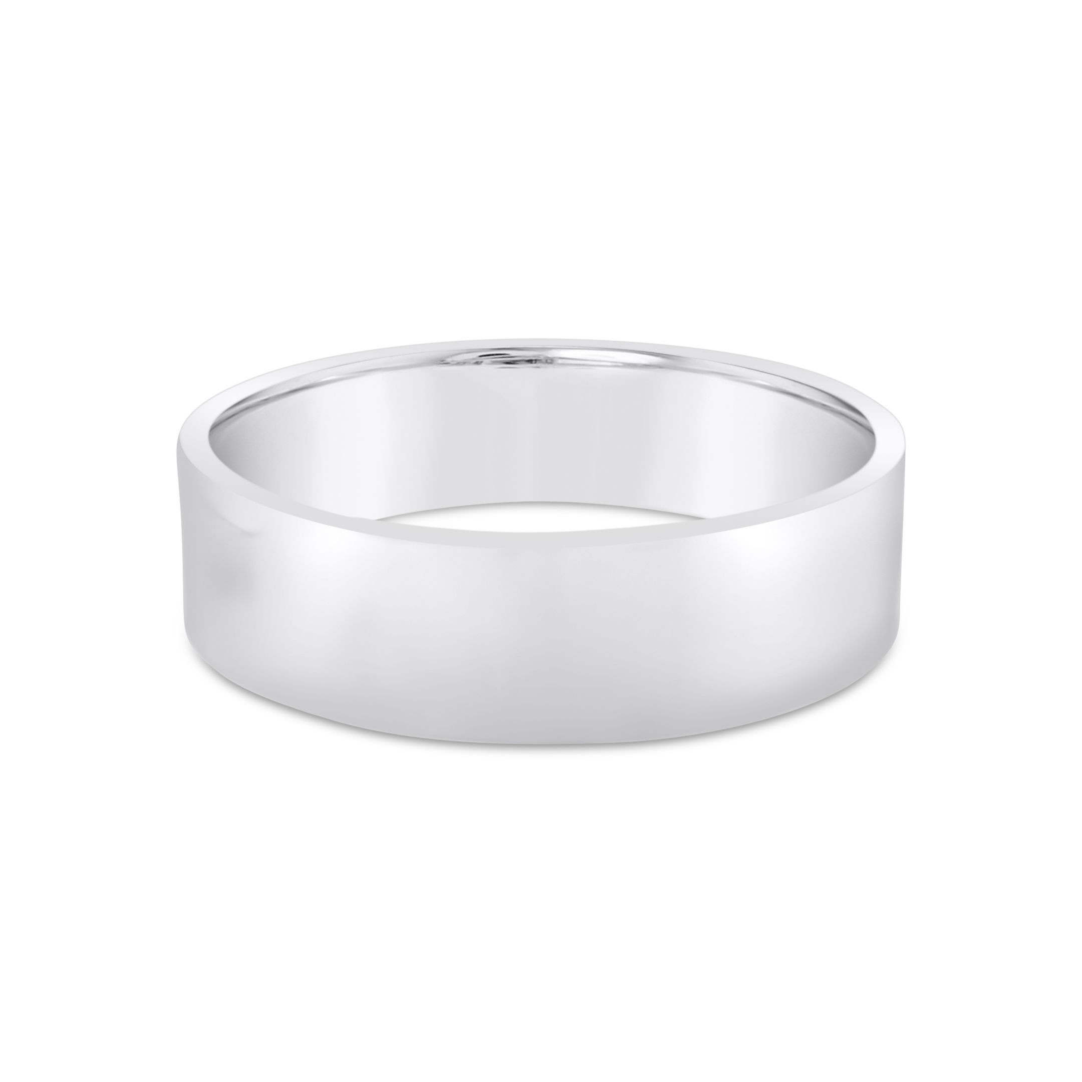 Crafted in luxurious platinum, this flat profile men's wedding band offers timeless style with a refined, polished finish. Its classic silhouette and substantial weight make it a symbol of enduring strength and commitment. "Naifeh" is engraved on the inside of the ring.-Platinum -6mm-Size 10, Contact for sizing optionsItem# 405-00083 Flat 6mm Men's Band