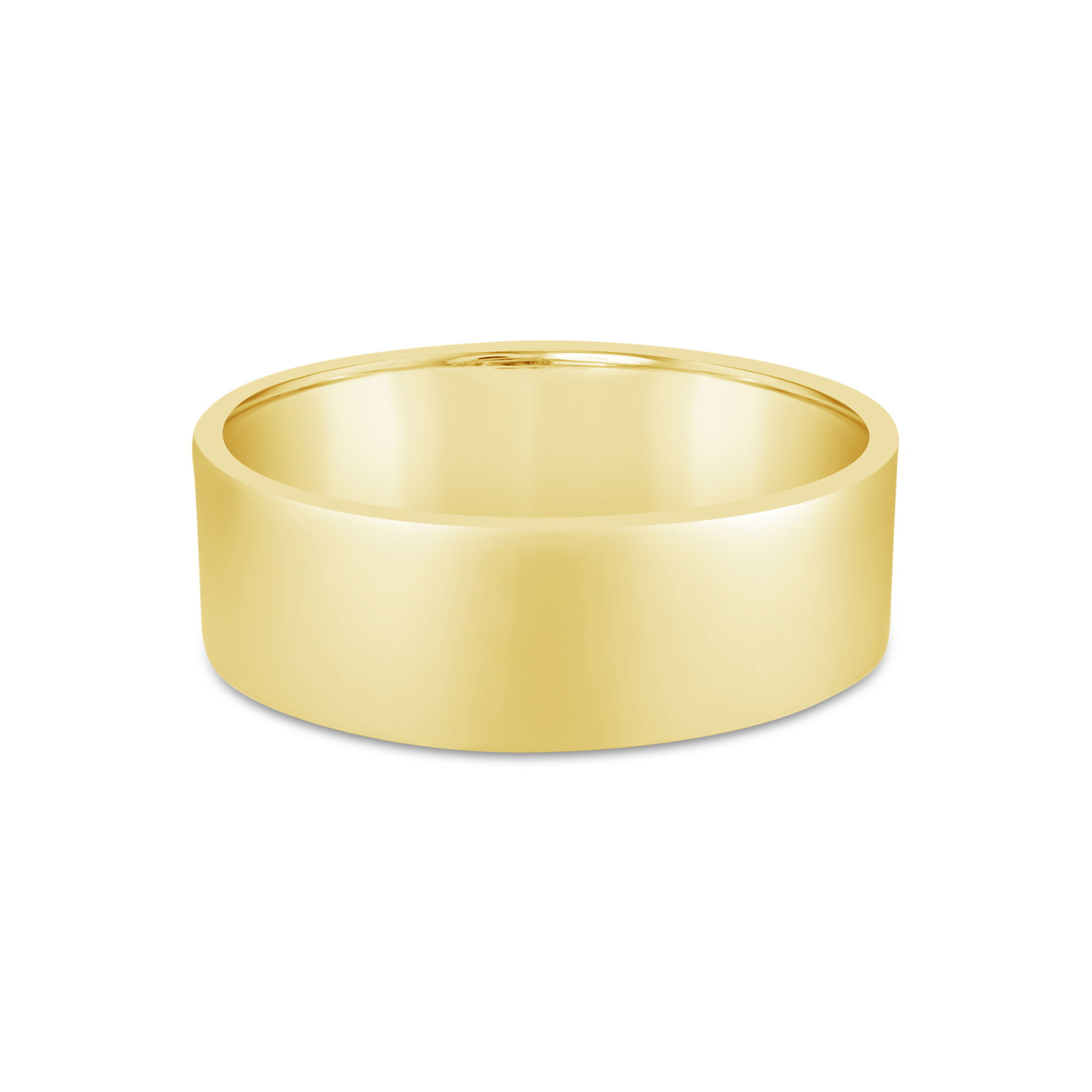 Crafted in high polished yellow gold, this flat profile men's wedding band offers timeless style with a refined, polished finish. Its classic silhouette and substantial weight make it a symbol of enduring strength and commitment. "Naifeh" is engraved on the inside of the ring.-18k Yellow gold-7mmSize 10, Contact for sizing optionsItem# 405-00096 Flat 7mm Men's Band