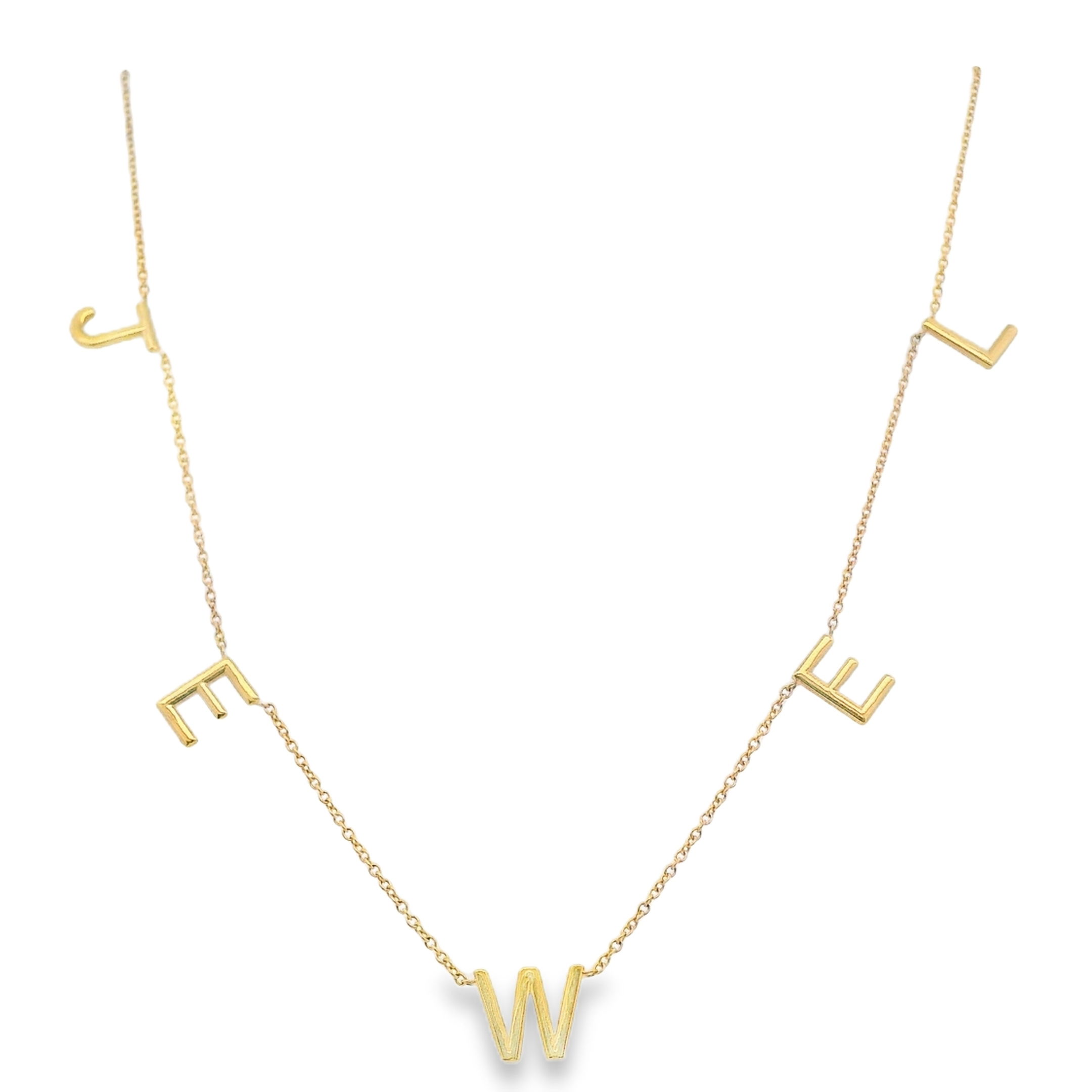 This gold necklace spells out “JEWEL” in clean, dangling letters for a look that’s simple, modern, and full of personality. It’s an everyday piece with a playful twist.-14k Yellow goldItem# 001-431-01936 J E W E L Necklace