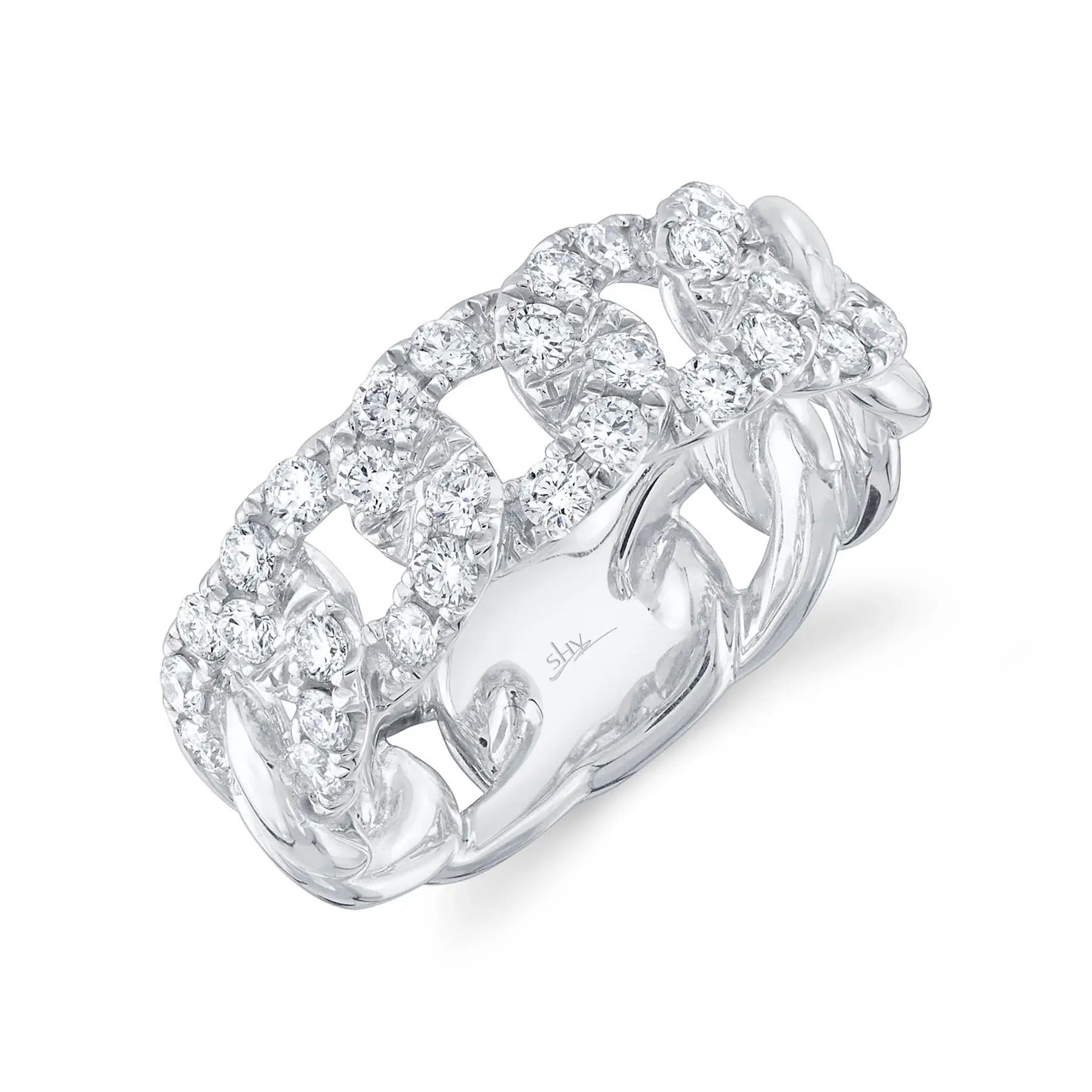 A true showstopper, this piece is designed to stand out and make a statement wherever you go.All Shy Creation diamonds are natural and hand-selected. All stones are unique and hand set. As a result, you can expect slight variations in the shade, hue, tint of the color stones and stone count.-14k White gold-Round diamonds, 0.76cts-Dimensions, 0.40"W-Size 8.5Item# 130-01162 Diamond Link Ring