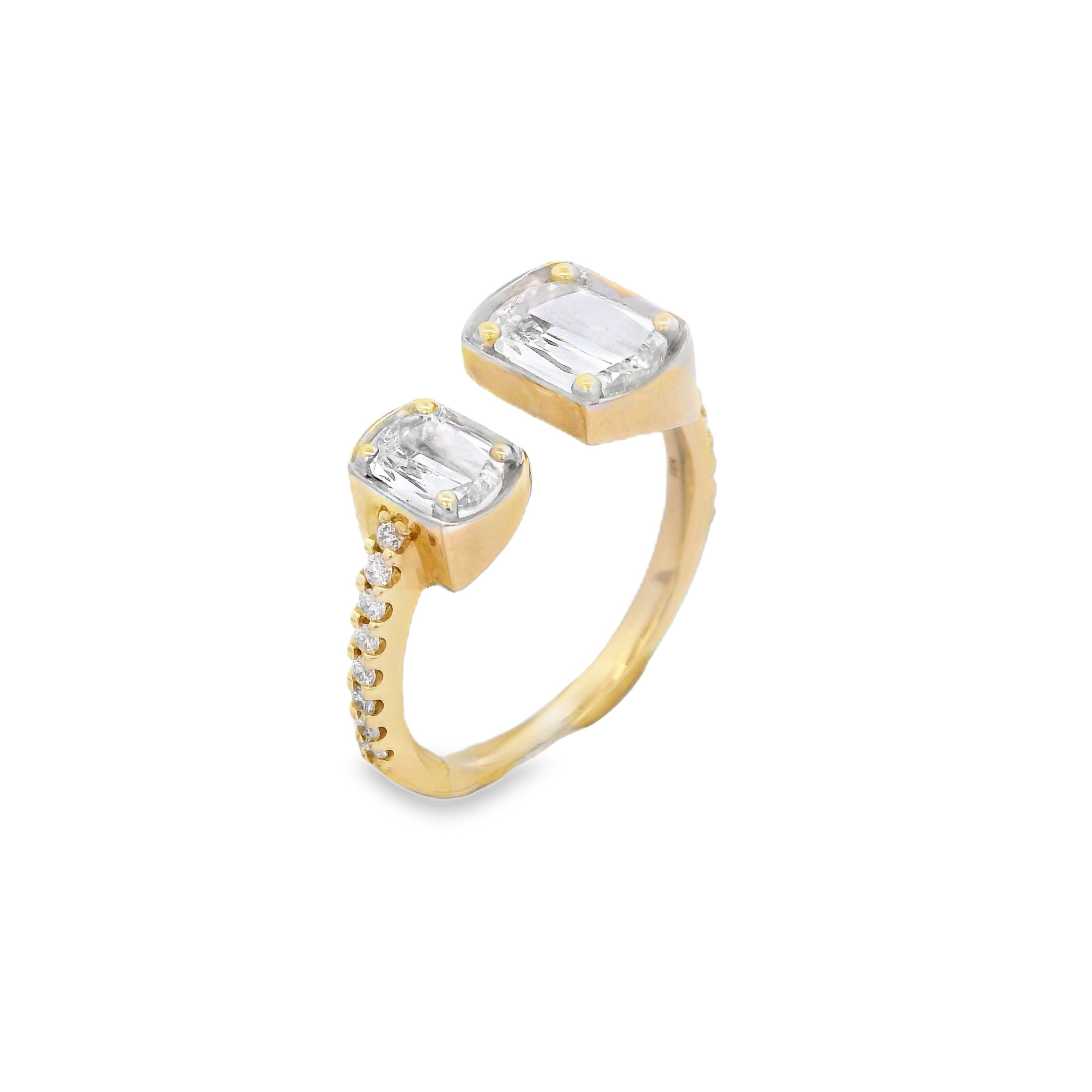 Modern and meaningful, this 14K yellow gold ring features an asymmetrical two-stone design—perfect as a striking fashion piece or a romantic "Toi et Moi" engagement ring. A symbol of two souls, one love, beautifully balanced.-14k Yellow gold-Crisscut diamond, 0.70cts-Crisscut diamond, 0.30cts-Round diamonds, 0.17cts-Size 6.5, Contact for sizing optionsItem# 130-01169 Asymmetrical Two Stone Ring