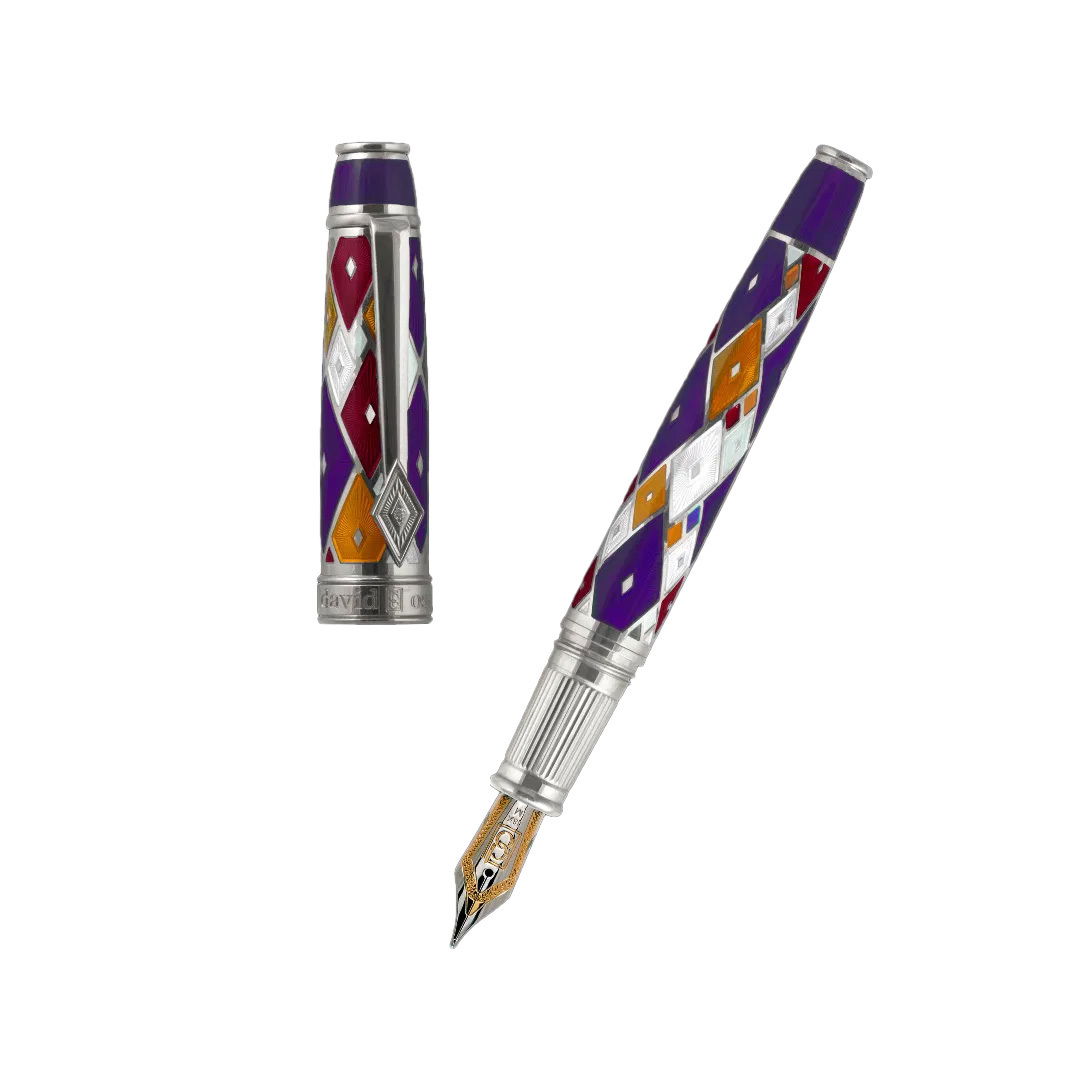 The Harlequin Pen by David Oscarson is a rare collectible that showcases exceptional craftsmanship. With its harlequin pattern, enameled finish, and accents of precious metals, this pen stands out as a true gem. The 18-karat gold nib provides a smooth writing experience, making it a prized piece for collectors. Limited to only 88 pieces, each pen is individually numbered and comes in an elegant presentation box, making it an ideal gift for those who appreciate fine writing instruments.-Sterling Silver-Enamel-3 Round Diamonds, 0.016ctsItem# 001-750-00030 Harlequin Pen 1/8