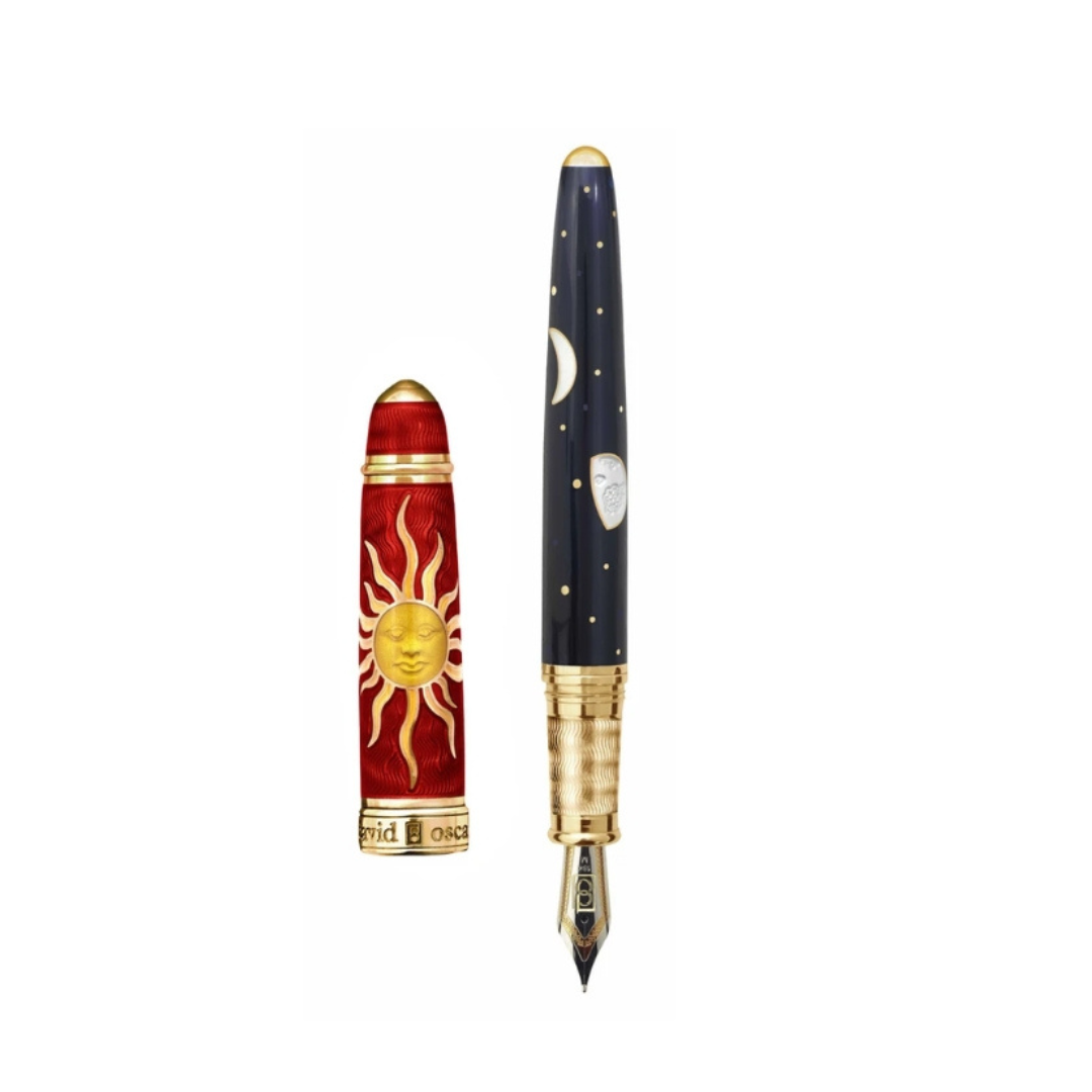 The Celestial Pen by David Oscarson is a limited-edition collectible, crafted with celestial motifs and fine details. Limited to just 88 pieces, this pen features an 18k gold nib for a smooth writing experience, making it a prized addition to any collection. Whether as a gift or a personal treasure, the Celestial Pen embodies artistry and refinement, offering a timeless touch of luxury.-18k Yellow Gold Vermeil-EnamelItem# 001-750-00040 Celestial Pen 82/88