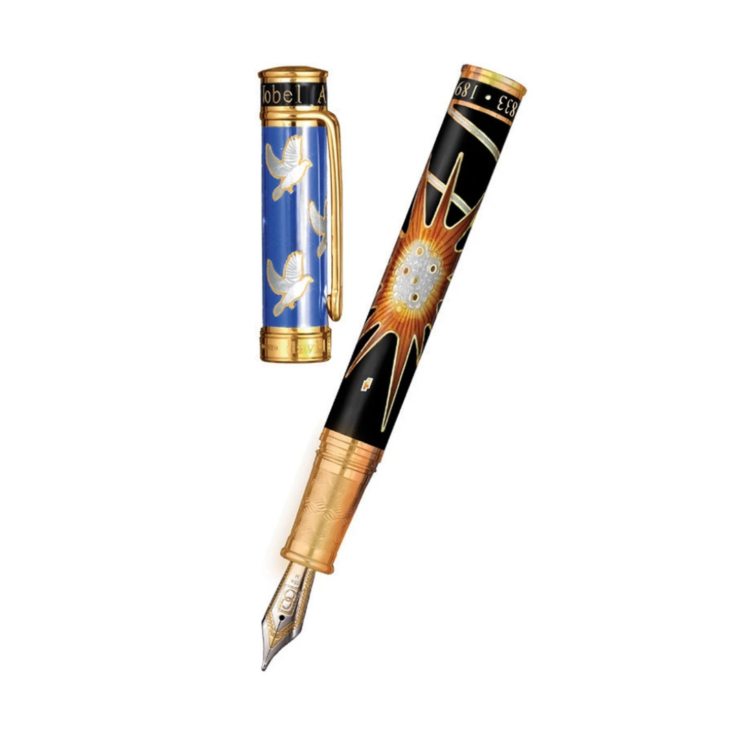The Alfred Bernhard Nobel Pen by David Oscarson is a limited-edition fountain pen crafted for the discerning collector. Featuring a gold vermeil finish and intricate engravings inspired by Nobel's legacy, this pen blends artistry and sophistication. Whether as a standout piece in your collection or a thoughtful gift, the Alfred Bernhard Nobel Pen represents luxury and craftsmanship at its finest. Elevate your writing experience with this exceptional creation.-Gold Vermeil-EnamelItem# 001-750-00041 Alfed Bernhard Nobel Pen 1/63