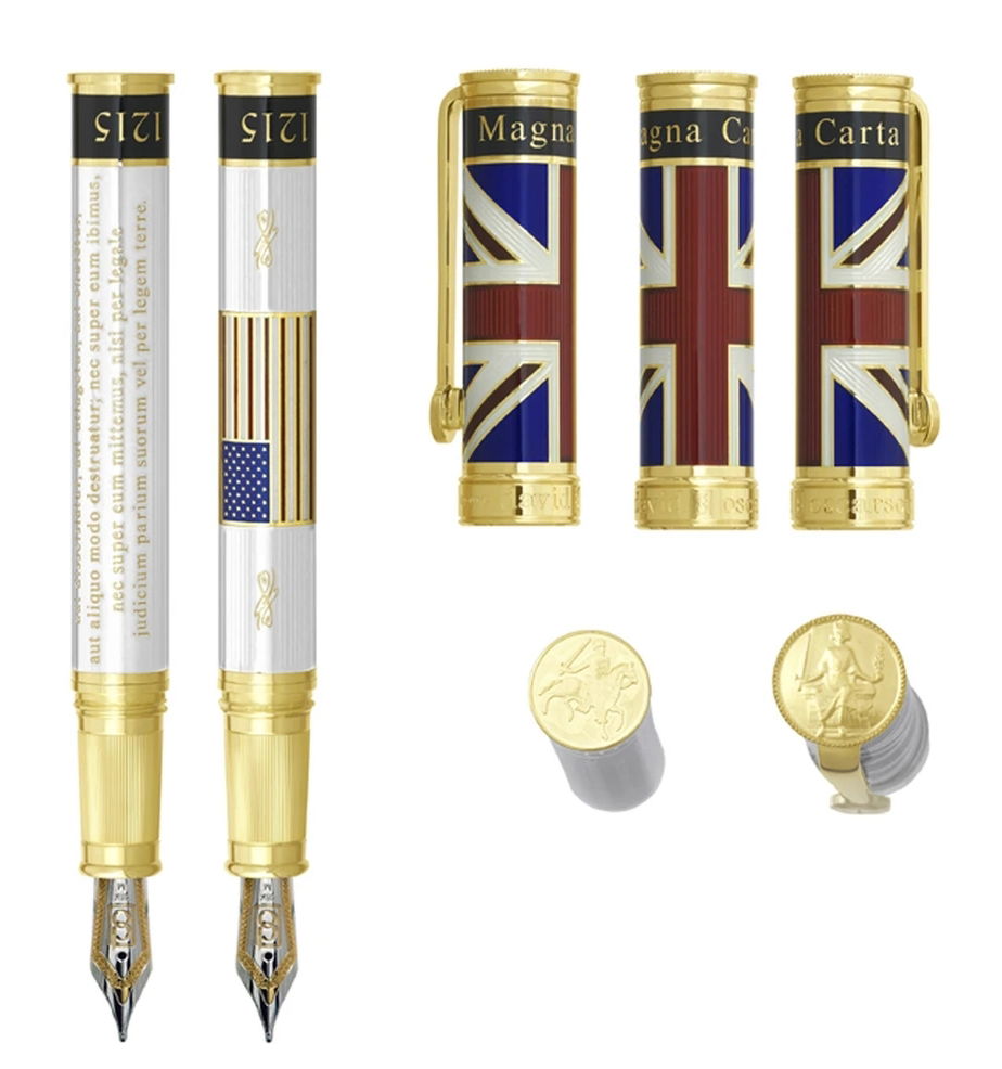 The David Oscarson Magna Carta Enamel Silver Pen is a limited-edition piece, showcasing the artistry that defines David Oscarson’s collections. Numbered out of 800, this pen features a striking enamel finish and is crafted from premium silver, making it more than just a writing instrument—it's a timeless treasure. Perfect for collectors and writing enthusiasts, its refined design and exceptional quality offer a luxurious writing experience.-Gold Vermeil-EnamelItem# 001-750-00047 Magna Carta Pen 13/800