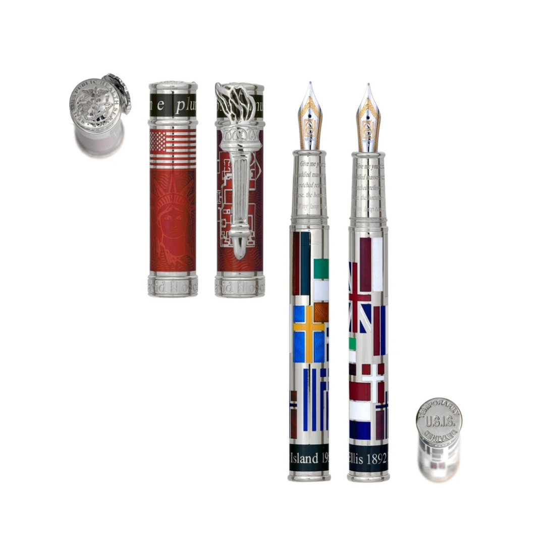 The Ellis Island Sterling Pen by David Oscarson is a limited-edition piece, crafted from sterling silver and inspired by the history of Ellis Island. With detailed engravings that honor this gateway of American dreams, this pen is both a functional tool and a work of art. Ideal for collectors and connoisseurs, its refined design and quality make it a perfect gift. Whether for daily use or display, the Ellis Island Sterling Pen offers a timeless writing experience that seamlessly blends artistry with purpose.-Sterling Silver-EnamelItem# 001-750-00050 Ellis Island Pen 5/62