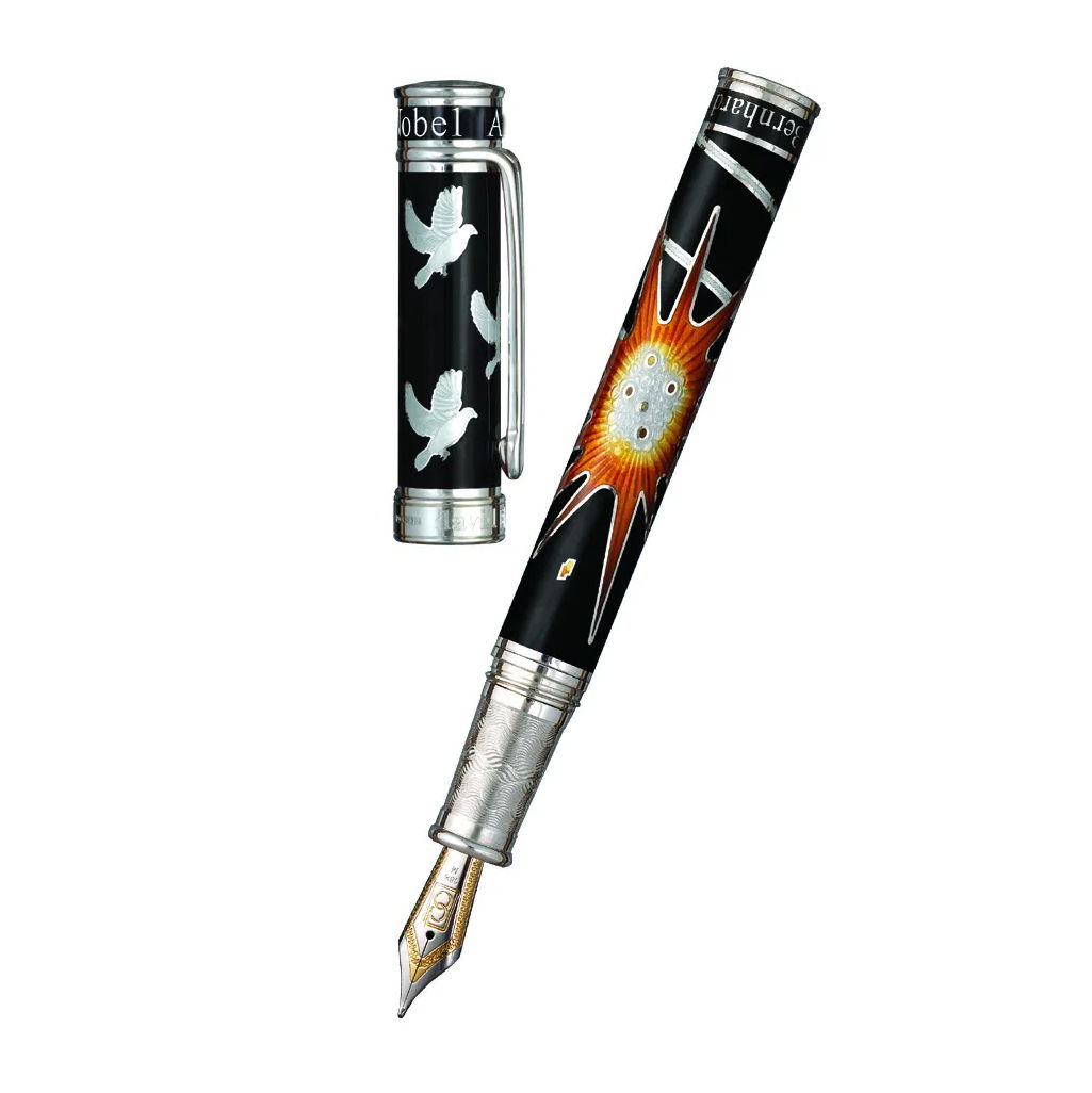 The Alfred Bernhard Pen by David Oscarson is a limited-edition writing instrument that exemplifies luxury and craftsmanship. Limited to just 63 pieces, this pen features a radiant enamel finish with elegant engravings, blending premium materials with intricate details. Designed for a smooth writing experience, it offers superior balance and quality. Presented in an elegant gift box, the Alfred Bernhard Pen is a perfect choice for those who appreciate fine craftsmanship and timeless artistry.-Sterling Silver-EnamelItem# 001-750-00052 Alfred Bernhard Nobel Pen 32/63