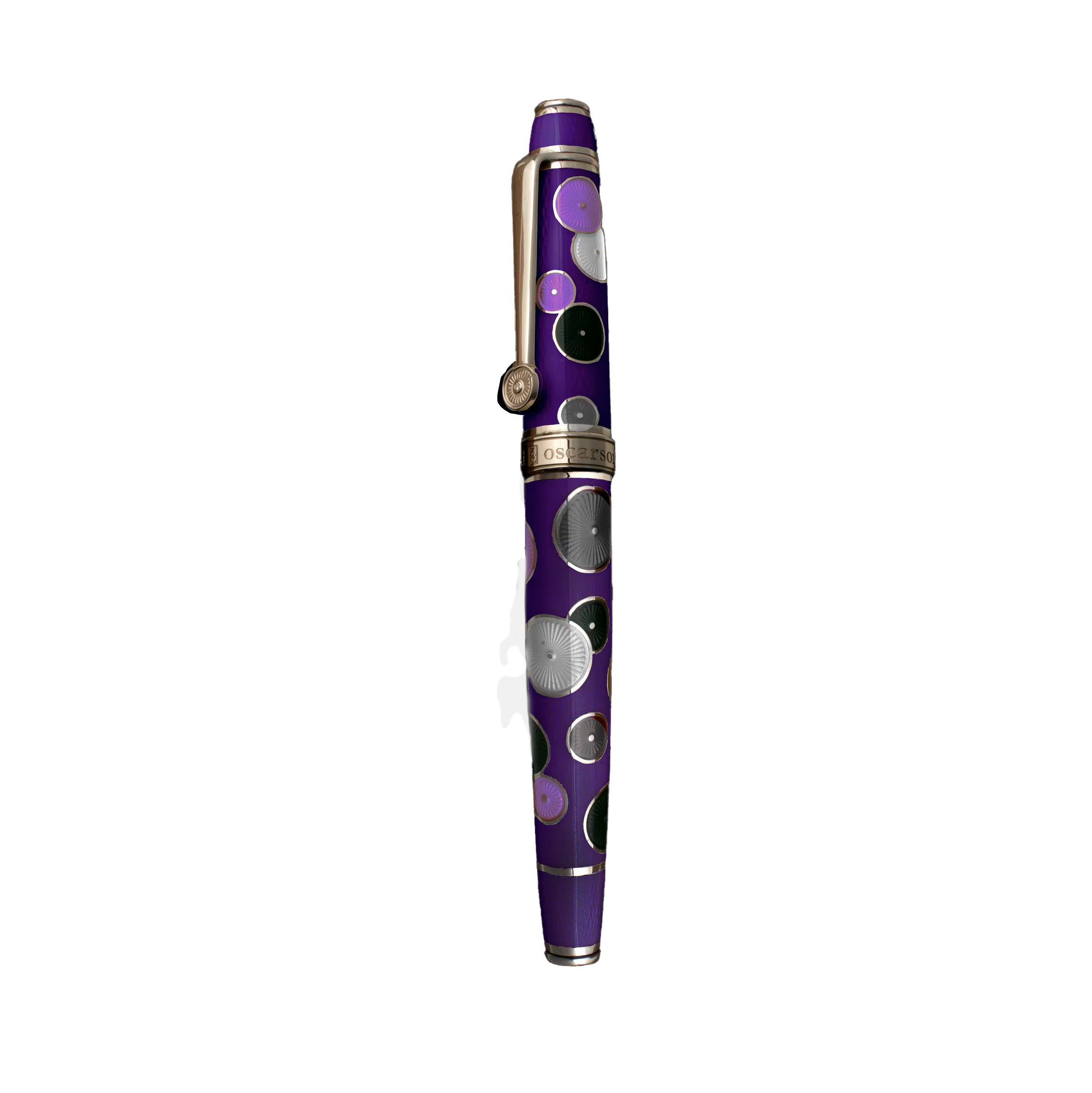 The Pierrot and Pierrette Pen by David Oscarson is a limited-edition collectible, crafted from sterling silver with a design that merges classic artistry and timeless elegance. This pen offers a smooth, flawless writing experience, making it an ideal choice for both use and display. Its refined craftsmanship and sophisticated aesthetic make it a perfect gift for discerning collectors who appreciate luxury in writing instruments.-Rhodium Vermeil-Enamel-3 Round Diamonds, 0.016ctsItem# 001-750-00053 Pierrot and Pierrette Pen 2/8
