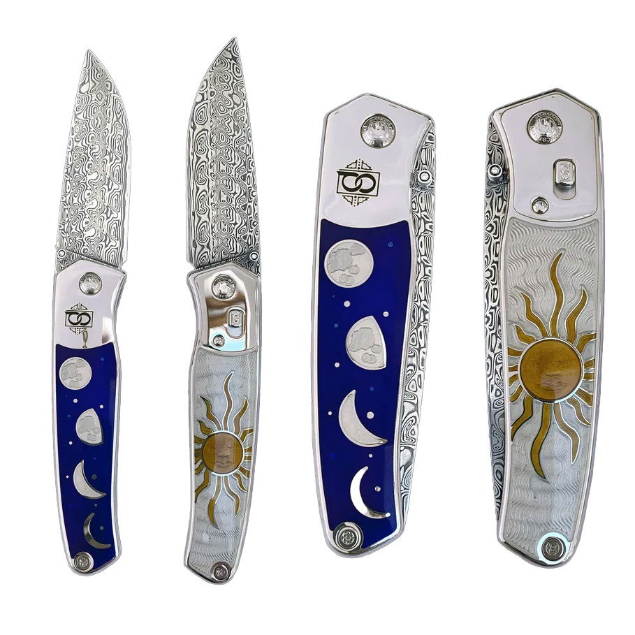 The Celestial Knife by David Oscarson is a limited piece in luxury cutlery. The handle features celestial motifs crafted from high-quality materials, while the blade is designed for both sharpness and durability. Whether as a collector's item or for precise cutting, the Celestial Knife adds a refined touch to any collection.-Sterling Silver-Swedish Stainless (Damasteel DS93X) Damascus-1 Round Diamond-Item# 001-751-2000001 Celestial Knife 1/88