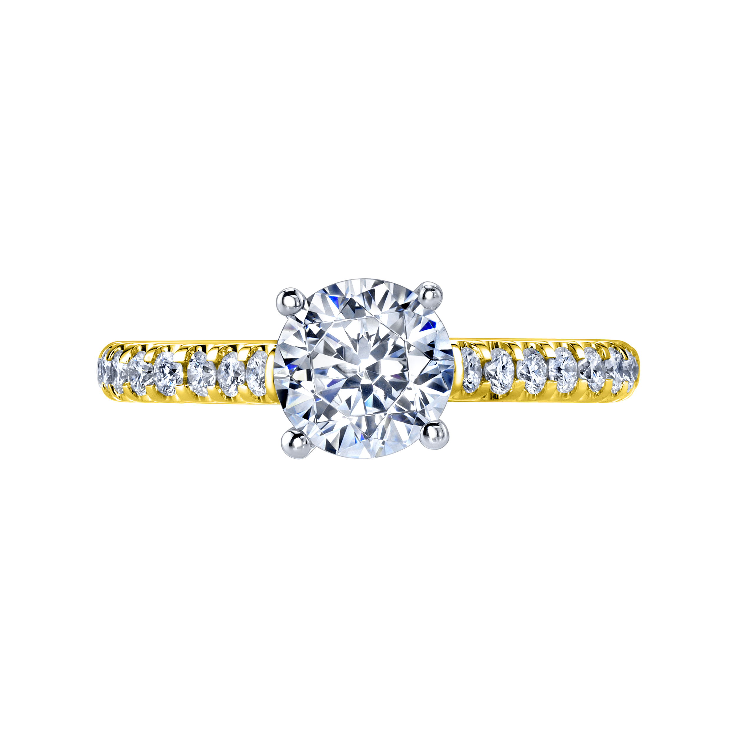 This yellow gold semi-mount offers timeless elegance with a classic setting. Crafted to hold a 1-carat round stone, it provides a secure and stunning foundation for your diamond or gemstone. Whether for an engagement or a personal upgrade, this setting ensures brilliance and beauty in every angle. (Center stone not included)-18k Yellow gold-Round diamonds, 0.34cts-Size 6, Contact for sizing optionsItem# 140-00155 Round Cathedral for 1ct