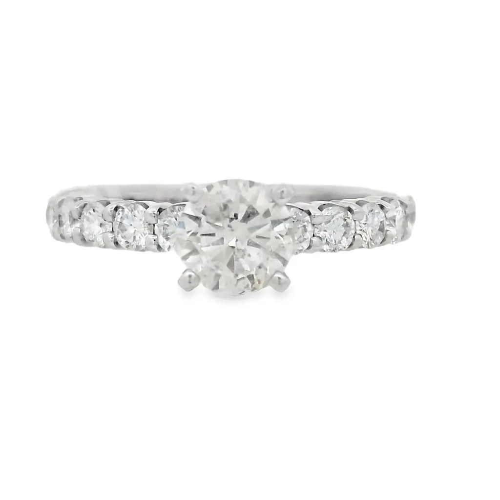 This diamond semi mount in 14k white gold is designed to showcase your chosen center stone with elegance and sophistication. Featuring a classic setting with carefully placed diamonds, it provides a beautiful foundation for your engagement ring. (Center diamond sold separately) -14k White gold-Round diamond, 0.80cts (sold separately)-Round diamonds, 0.65cts-Size 6.5, Contact for sizing optionsItem# 140-00163 Round 0.80ct Diamond Solitaire Engagement