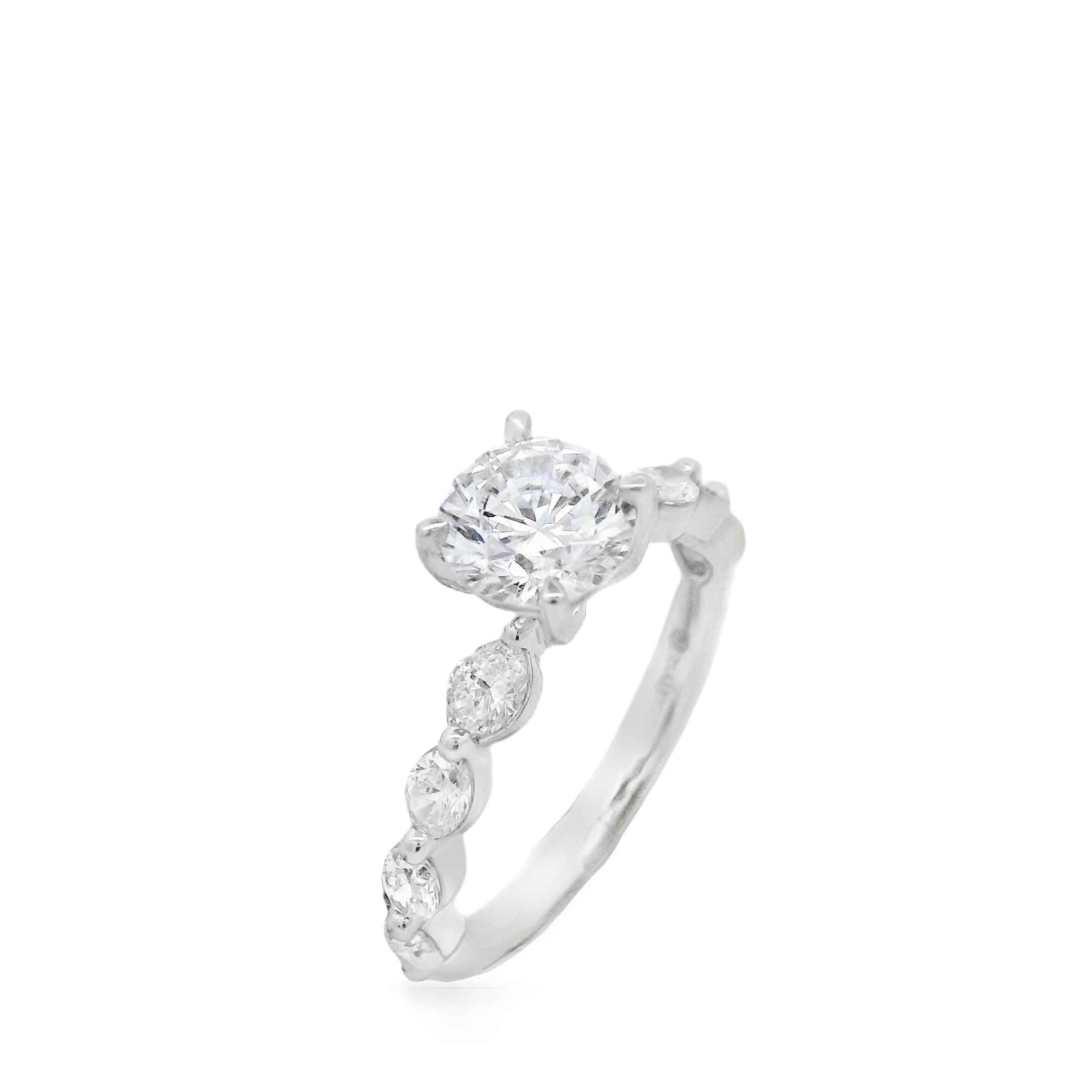 This elegant 18k White gold semi-mount features oval diamonds set in shared prongs, creating a sleek and continuous sparkle. The modern design enhances the beauty of your chosen center stone, making it an ideal setting for a timeless and sophisticated engagement ring. (Center stone not included)-18k White gold-Oval diamonds, 0.80cts-Size 6.5, Contact for sizing optionsItem# 140-00207 Shared Prong Mounting