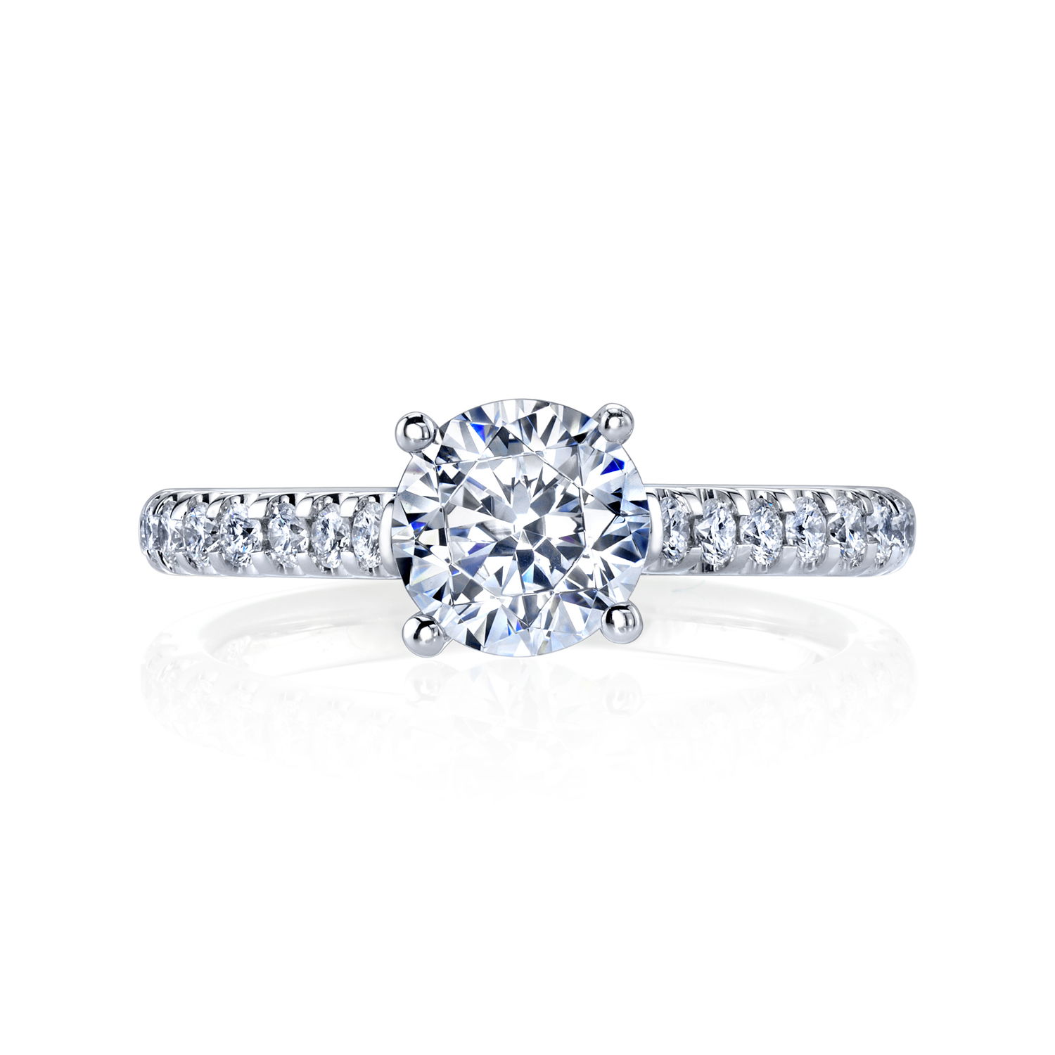This cathedral style semi-mount is a raised design that enhances your center stone's presence while allowing maximum light for added sparkle. Diamond accents along the setting provide extra brilliance, making this a timeless and sophisticated choice for your perfect stone. (Center Stone Not Included)-18k White gold-Round diamonds, 0.45cts-Size 6, Contact for sizing optionsItem# 140-00256 Round Cathedral for 1.5ct