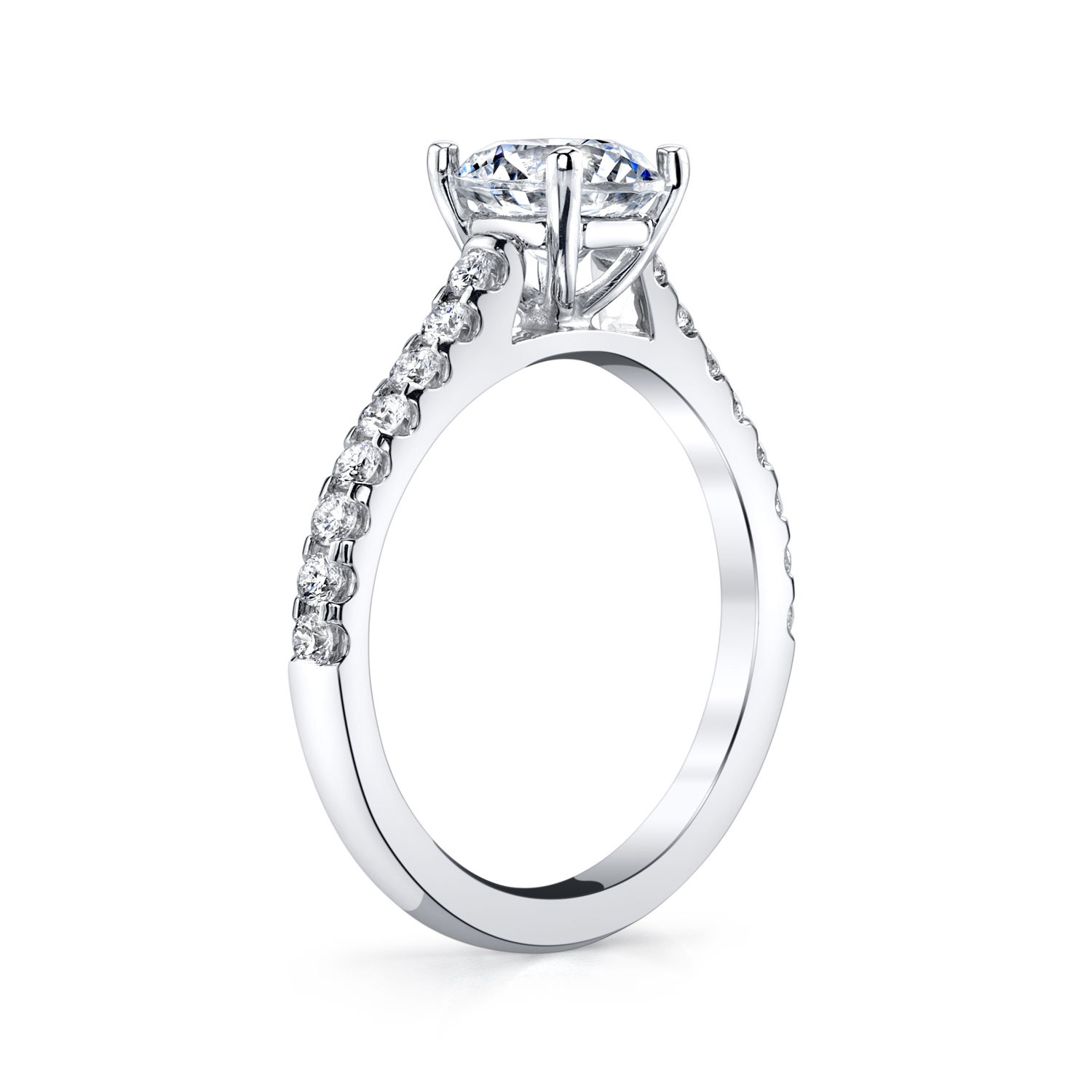 Elevate your look with this cathedral semi-mount, designed to hold a round center stone. Sparkling diamond accents enhance the band, creating a timeless and sophisticated look, making it a perfect choice for a refined and classic engagement ring. (Center stone not included)-18k White gold-Round diamonds, 0.72cts-Size 6, Contact for sizing optionsItem# 140-00259 Round Cathedral for 2ct