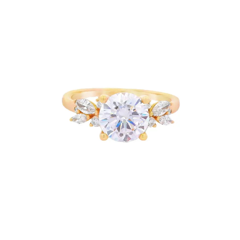 This beautiful 18k Yellow gold semi-mount features round and marquise side diamonds arranged in a floral-like shape, adding a touch of elegance and whimsy to your chosen center stone. The unique diamond arrangement creates a timeless, feminine design, making this setting a perfect choice for the romantic and sophisticated bride. (Center stone not included)-18k Yellow gold-Round, Marquise diamonds, 0.28cts-Size 6.5, Contact for sizing optionsItem# 140-00277 Floral Semi-Mount