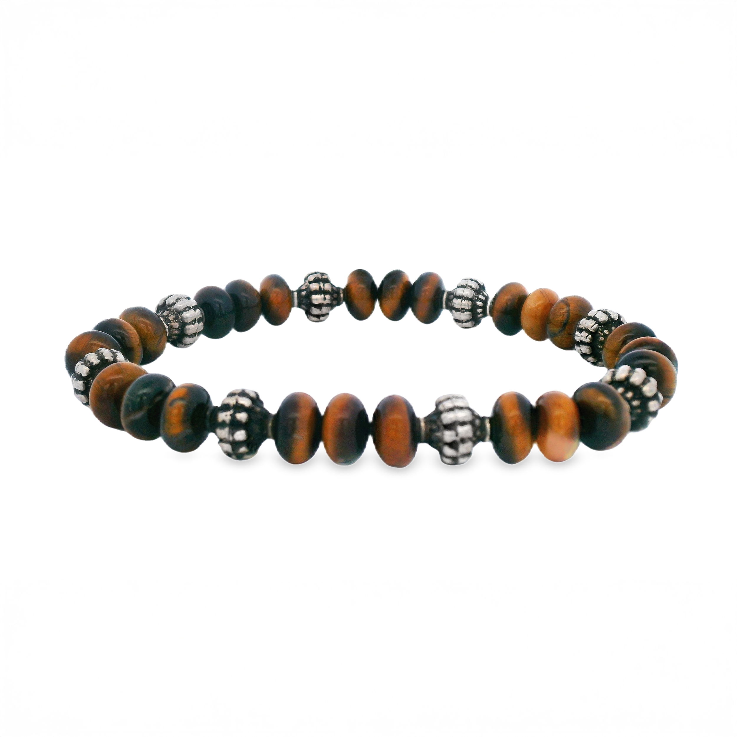 This men's bracelet features sterling silver and tiger's eye beads for a strong, stylish look. It's a versatile piece that adds a touch of character to any outfit.-Sterling silver-Tiger’s Eye BeadsItem# 800-00318 Tiger's Eye Men's Bracelet