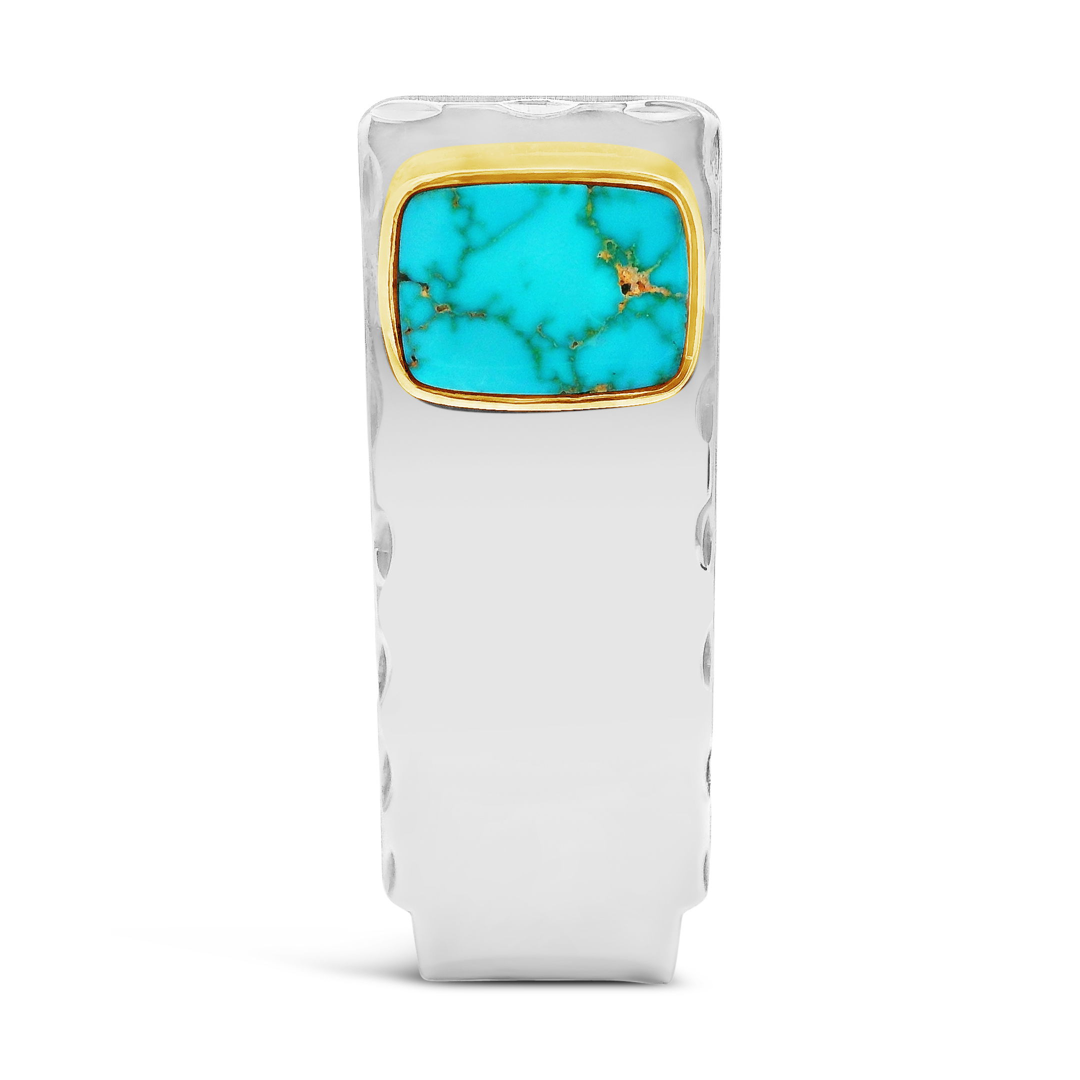 This sterling silver and 14k yellow gold money clip showcases a vibrant turquoise inlay. A sleek design with a bold touch of color.-Sterling silver-14k Yellow gold-TurquoiseItem# 800-00408 Turquoise Money Clip