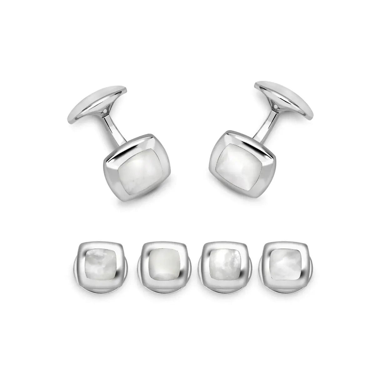 This Deakin & Francis cufflink and stud set features lustrous mother of pearl inlays set in polished sterling silver, creating an elegant and timeless accessory. Expertly handcrafted, it provides a sophisticated finishing touch to any formal ensemble.-Sterling silver-Mother of pearl-Item# 001-800-00416 Cufflink and Stud Set in Sterling Silver and Mother of Pearl