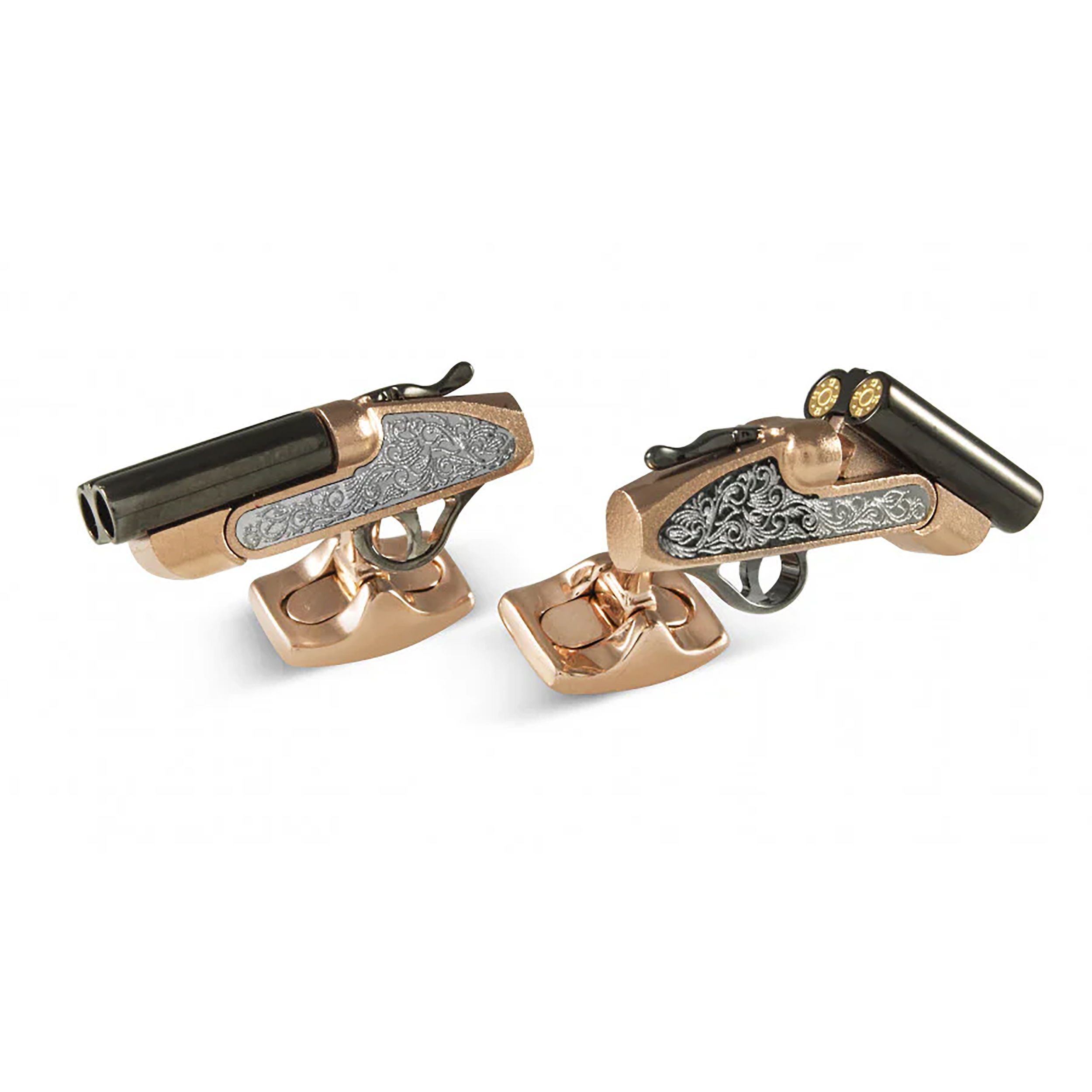 These men's shotgun cufflinks by Deakin & Francis are expertly crafted and plated in rose gold, capturing the elegance of classic double-barrel shotguns with striking detail. A refined statement piece, they blend bold design with luxurious finish for the modern gentleman.-18k Rose gold plated-Black rhodium-Item# 001-800-00417 Mens Shotgun Cufflinks