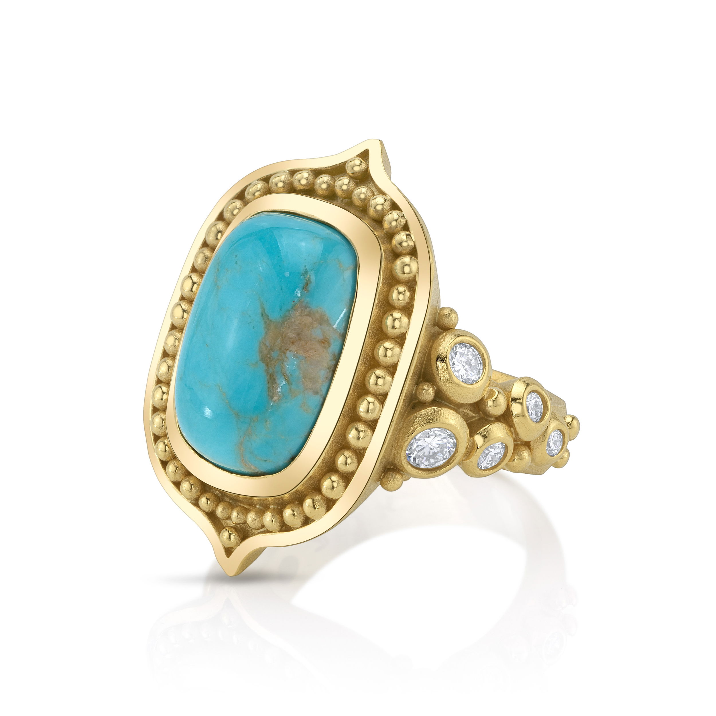Make a beautiful statement with this turquoise cabochon ring. Its vibrant hue and bold design instantly elevate your look.-22k Yellow gold-Turquoise cabochon-Round diamonds, 0.53ctsItem# 804-00314 Roxanne Ring