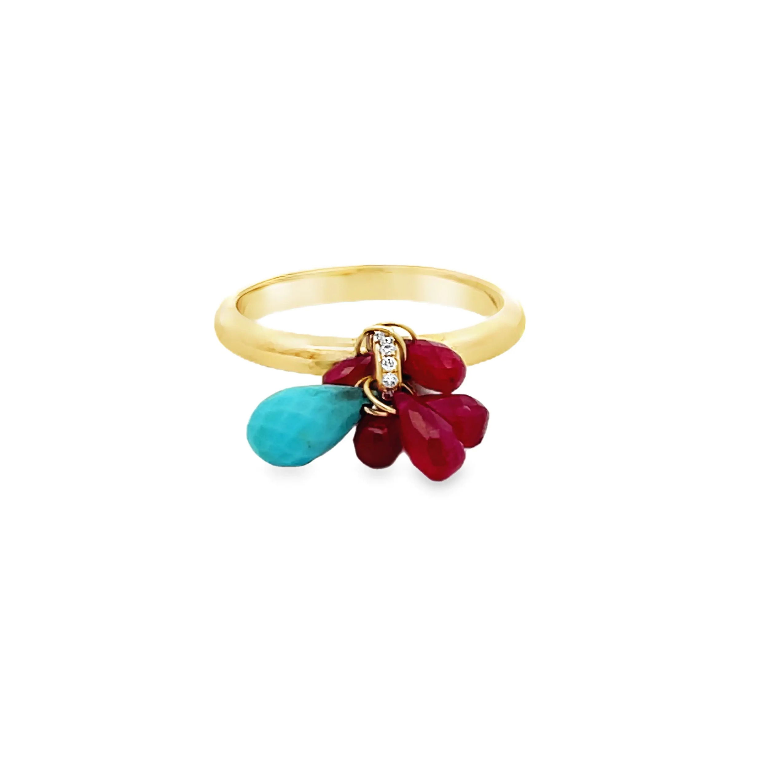 This striking ring showcases five ruby briolettes beautifully surrounding a central turquoise briolette, all set in 18k yellow gold. Its vibrant colors and unique design make it a unique statement piece.-18k Yellow gold-Turquoise briolette-Ruby briolettes, 2.40cts-Round diamond, 0.04ct-Size 6.25. Contact for sizing options.Item# 804-00510 Quinlette Ring