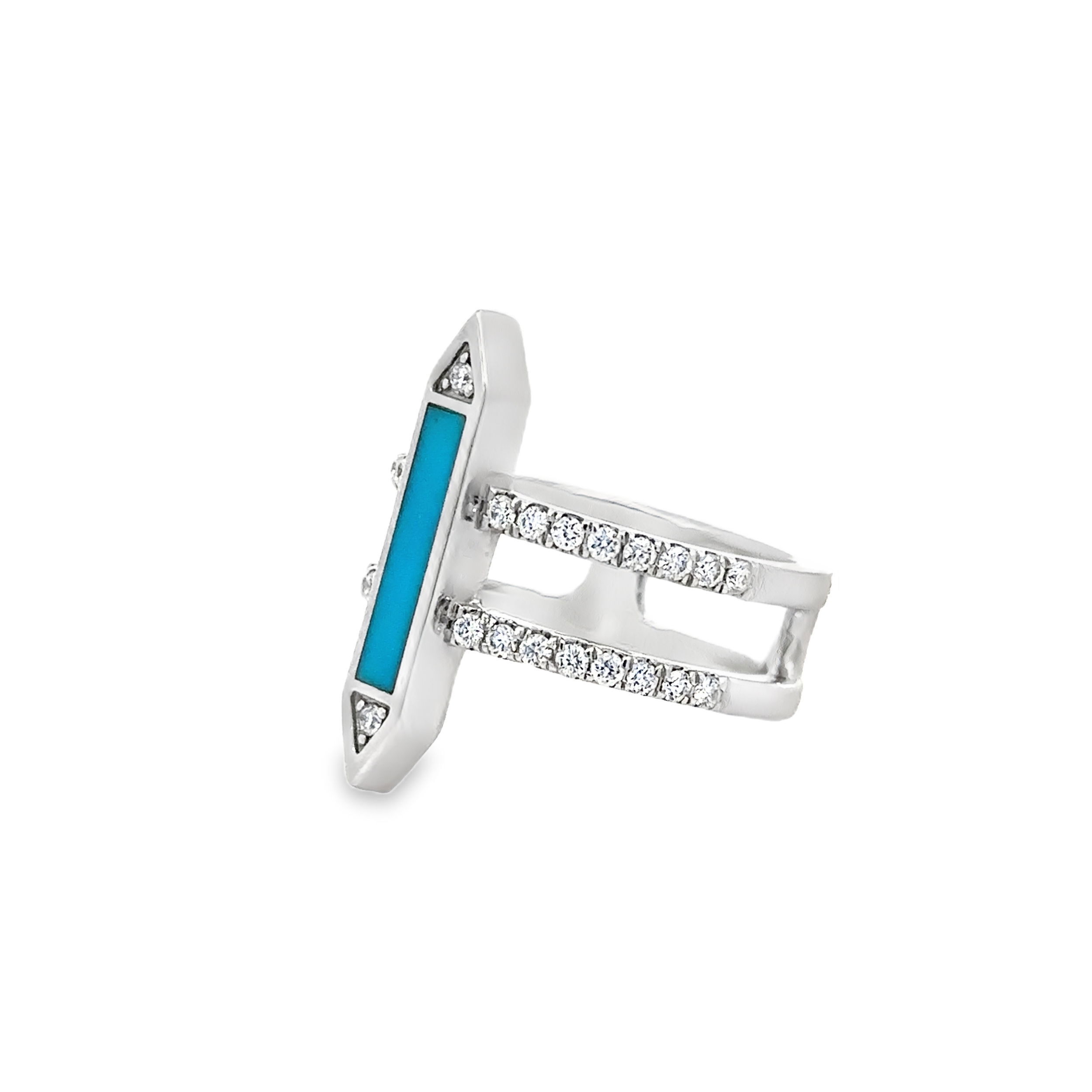 This double shank ring features vibrant turquoise set in white gold, accented by sparkling diamonds. Its bold design and elegant details make it a standout piece for any occasion.-14k White gold-Turquoise stone-Round diamonds, 0.42cts-Size 6.5 Contact for sizing options.Item# 804-00511 Destiny Ring