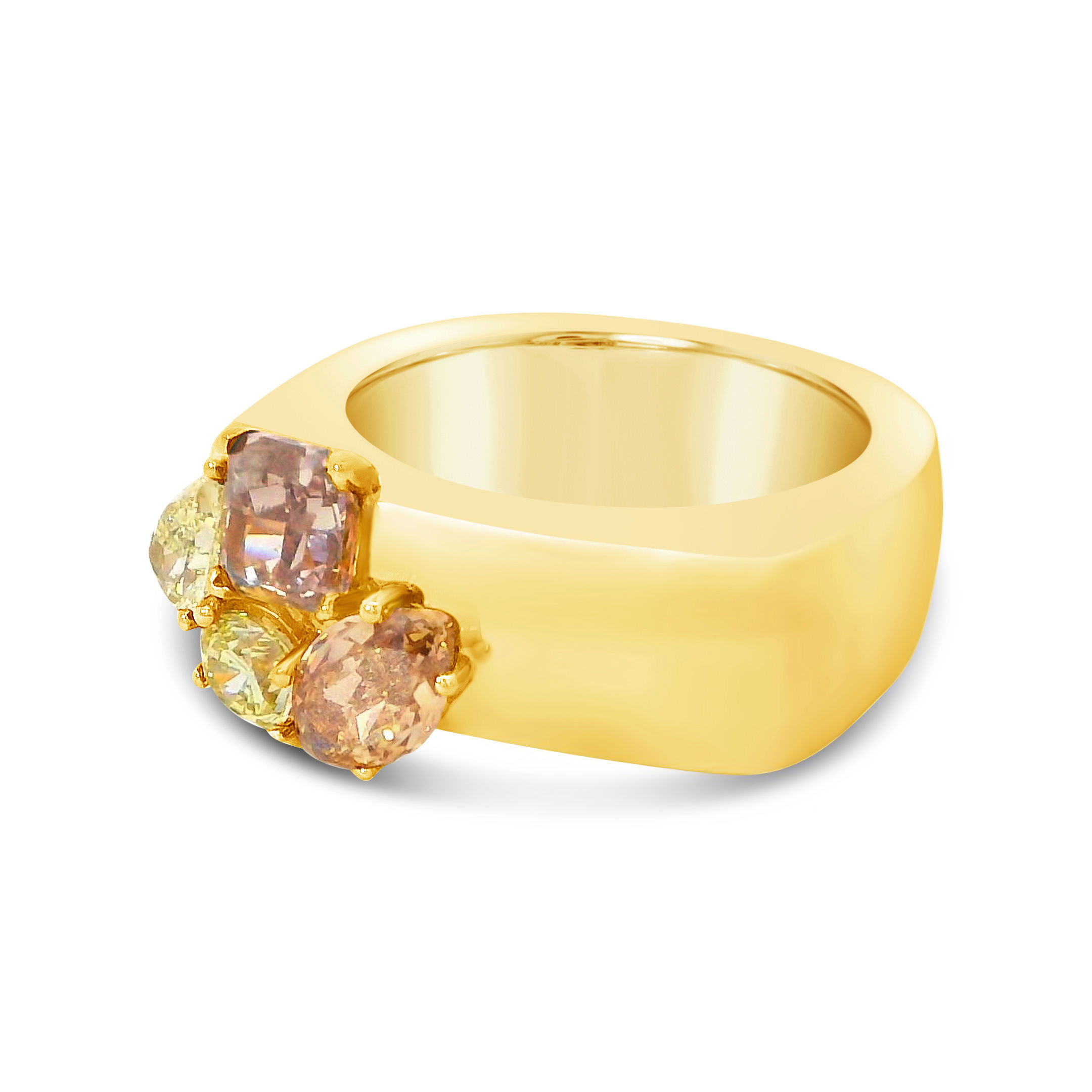 This exquisite ring features a unique square band boasting various shaped fancy diamonds. Cicada atelier is located in the heart of the New York City jewelry district on 47th street, where each unique piece is meticulously handcrafted. -18K yellow gold-Various shaped fancy colored diamonds, 2.00cts Item# 804-00609 Fancy Diamond Square Ring