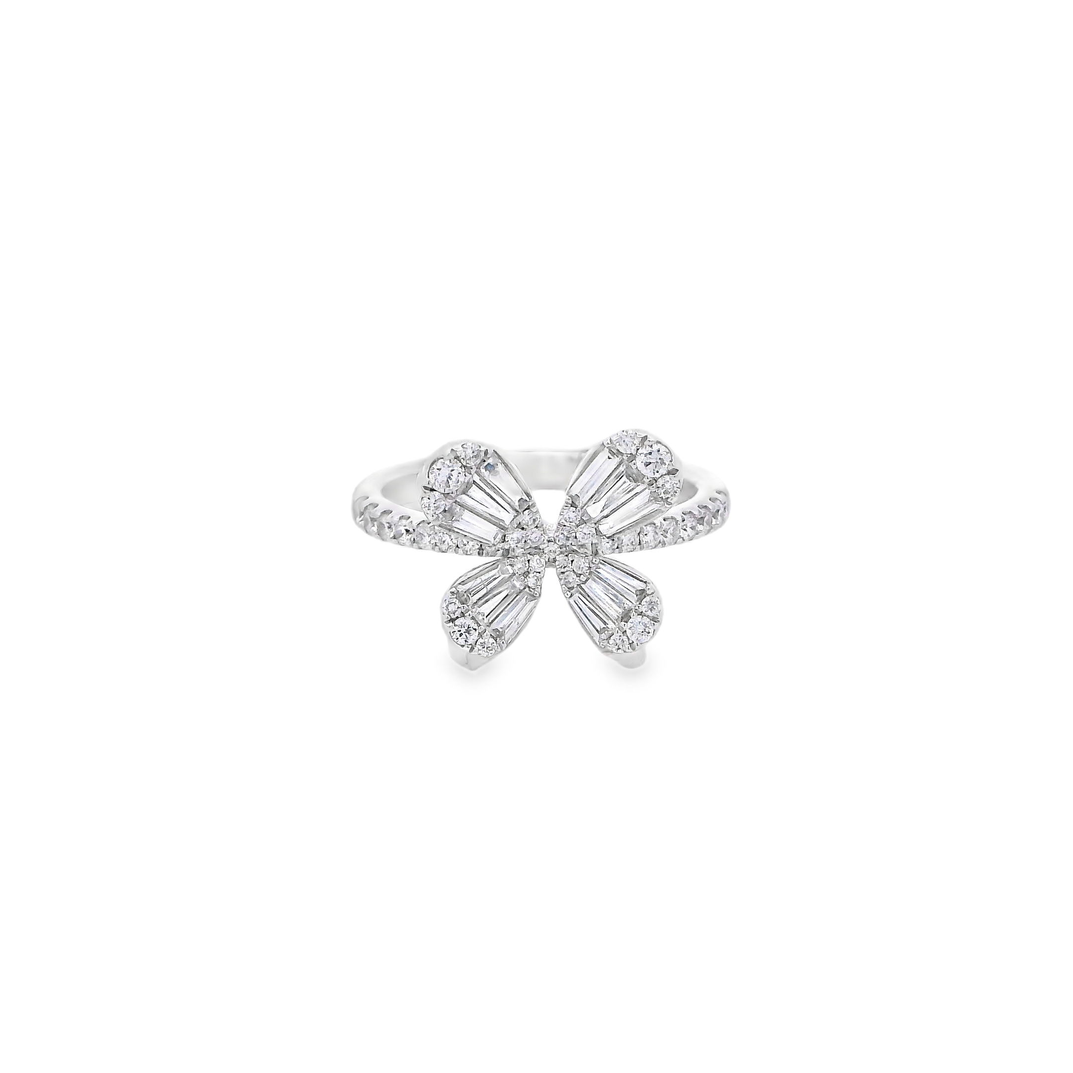 Delicate yet dazzling, this butterfly ring showcases a stunning combination of round and baguette diamonds, creating a graceful and luminous design. The intricate arrangement captures the beauty of a butterfly in motion, making it a perfect symbol of transformation and elegance.-18k White gold-Round, Baguette diamonds, 0.34cts-Size 6.5, Contact For Sizing OptionsItem# 804-00724 Diamond Butterfly Ring