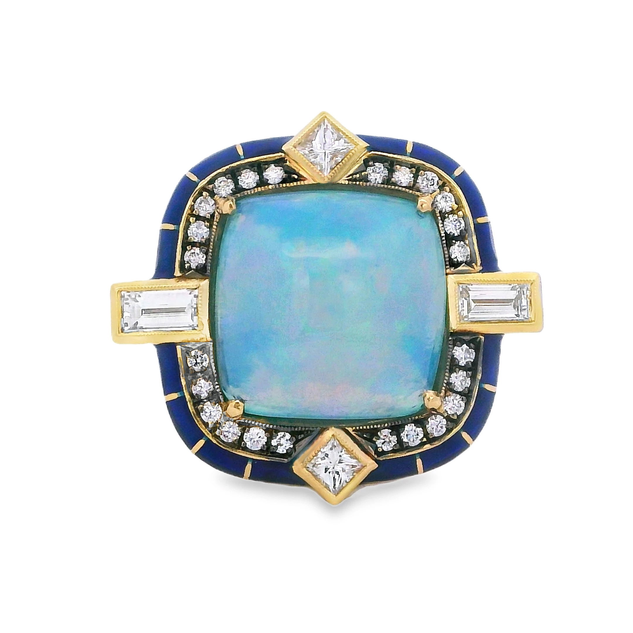LORD Jewelry is a boutique fine jewelry atelier known for its masterful craftsmanship, intricate designs, and colorful collections. Lena and Sinork Agdere, the father-daughter team behind the Los Angeles based brand, is committed to creating unique, luxurious and timeless jewelry for connoisseurs of fine art and high fashion. Specializing in enamel work, a Lord piece is a great addition to any collection. -18K Yellow gold-Various shaped diamonds, 1.26cts-Cabochon Opal, 5.06ctItem #804-00729 Rock Candy Opal Ring