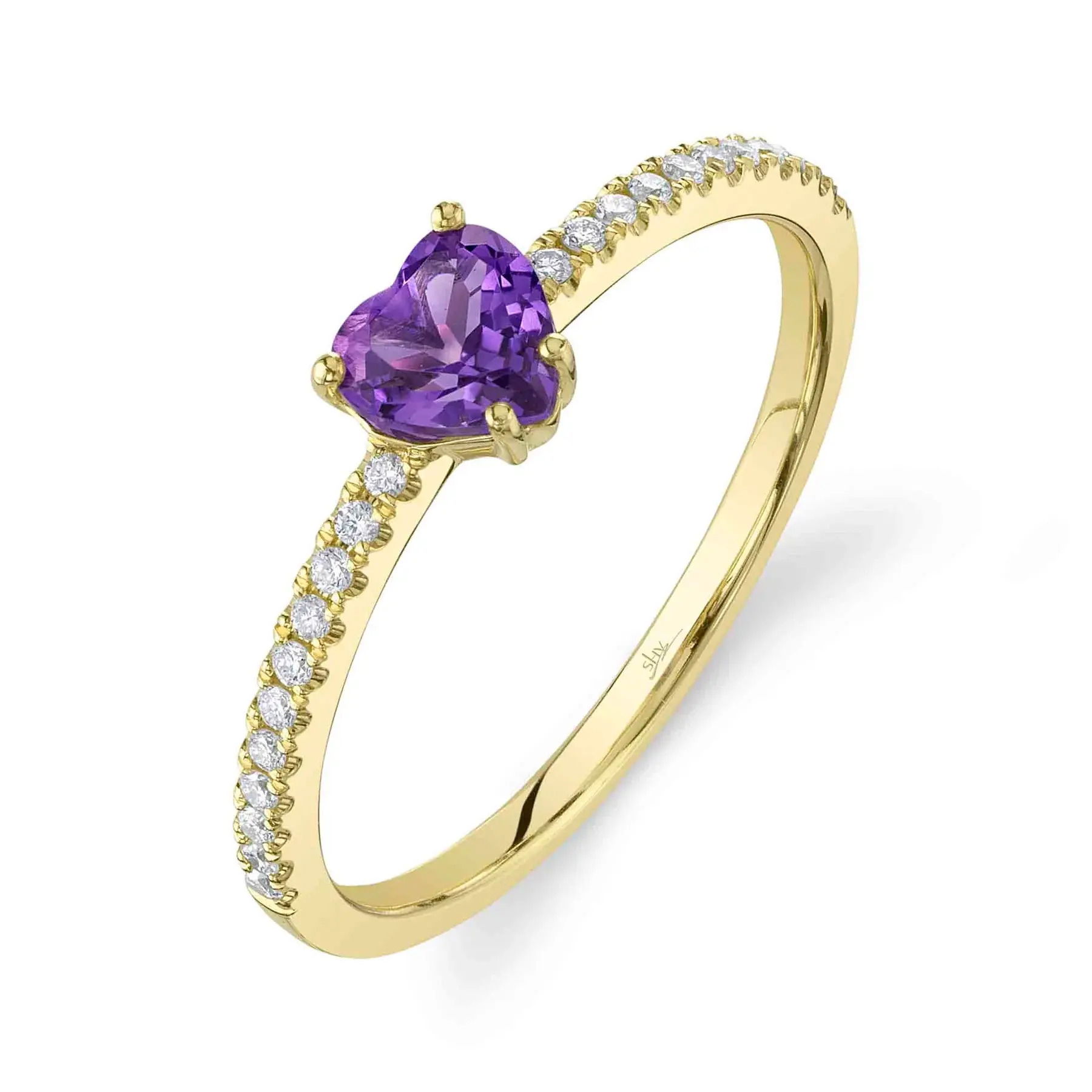 Subtle yet sophisticated, this piece enhances both casual and formal looks with its refined sparkle. All Shy Creation diamonds are natural and hand-selected. All stones are unique and hand set. As a result, you can expect slight variations in the shade, hue, tint of the color stones and stone count.-14k Yellow gold-Heart amethyst, 0.55ct-Round diamonds, 0.11cts-Size 7Item# 804-00738 Diamond & Amethyst Heart Ring