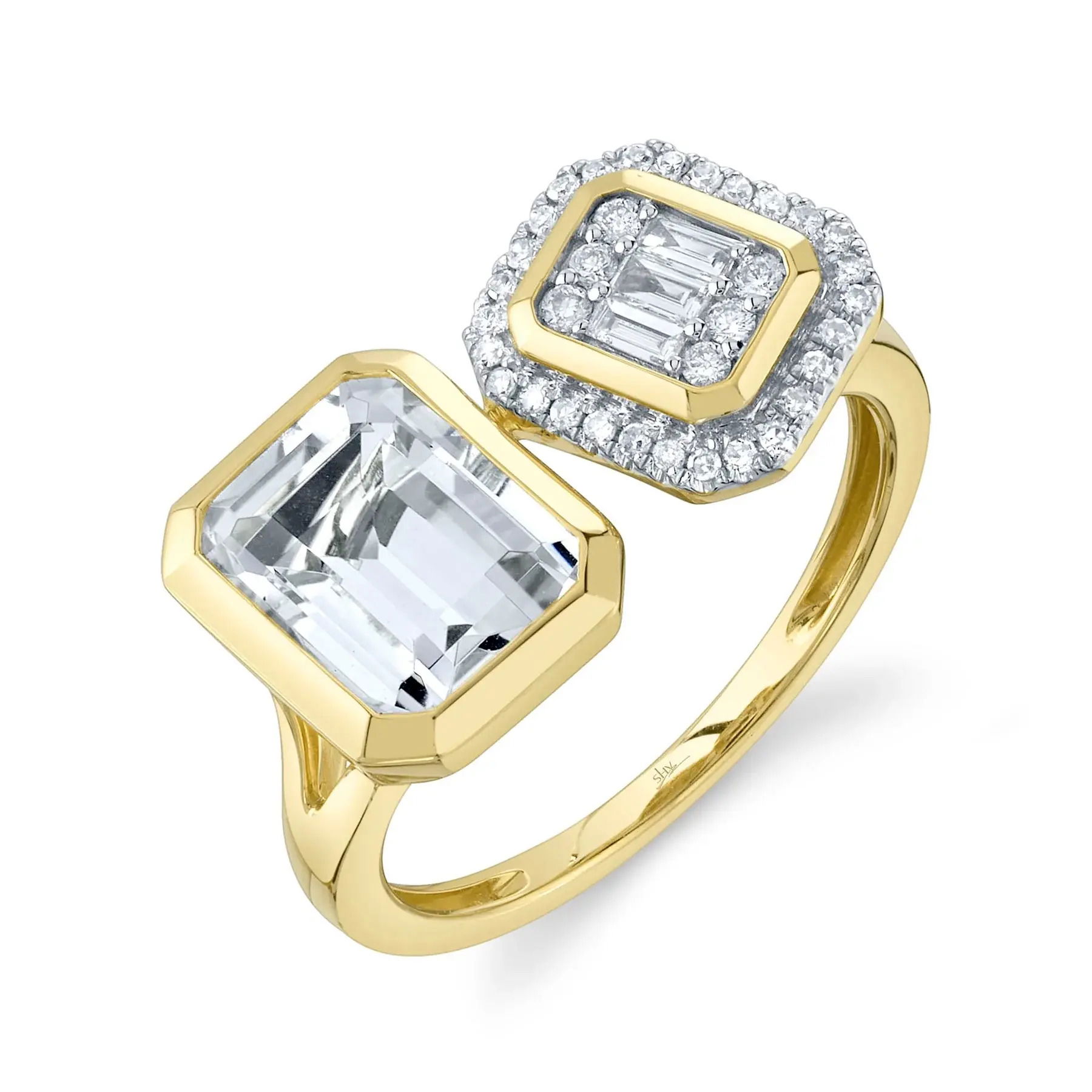 Dare to stand out with this bold and striking statement piece, perfect for making a lasting impression. All Shy Creation diamonds are natural and hand-selected. All stones are unique and hand set. As a result, you can expect slight variations in the shade, hue, tint of the color stones and stone count.-14k Yellow gold-Round diamonds, 0.15cts-Baguette diamonds, 0.08cts-Emerald white topaz, 2.00ct-Size 7Item# 804-00765 Diamond & White Topaz Ring
