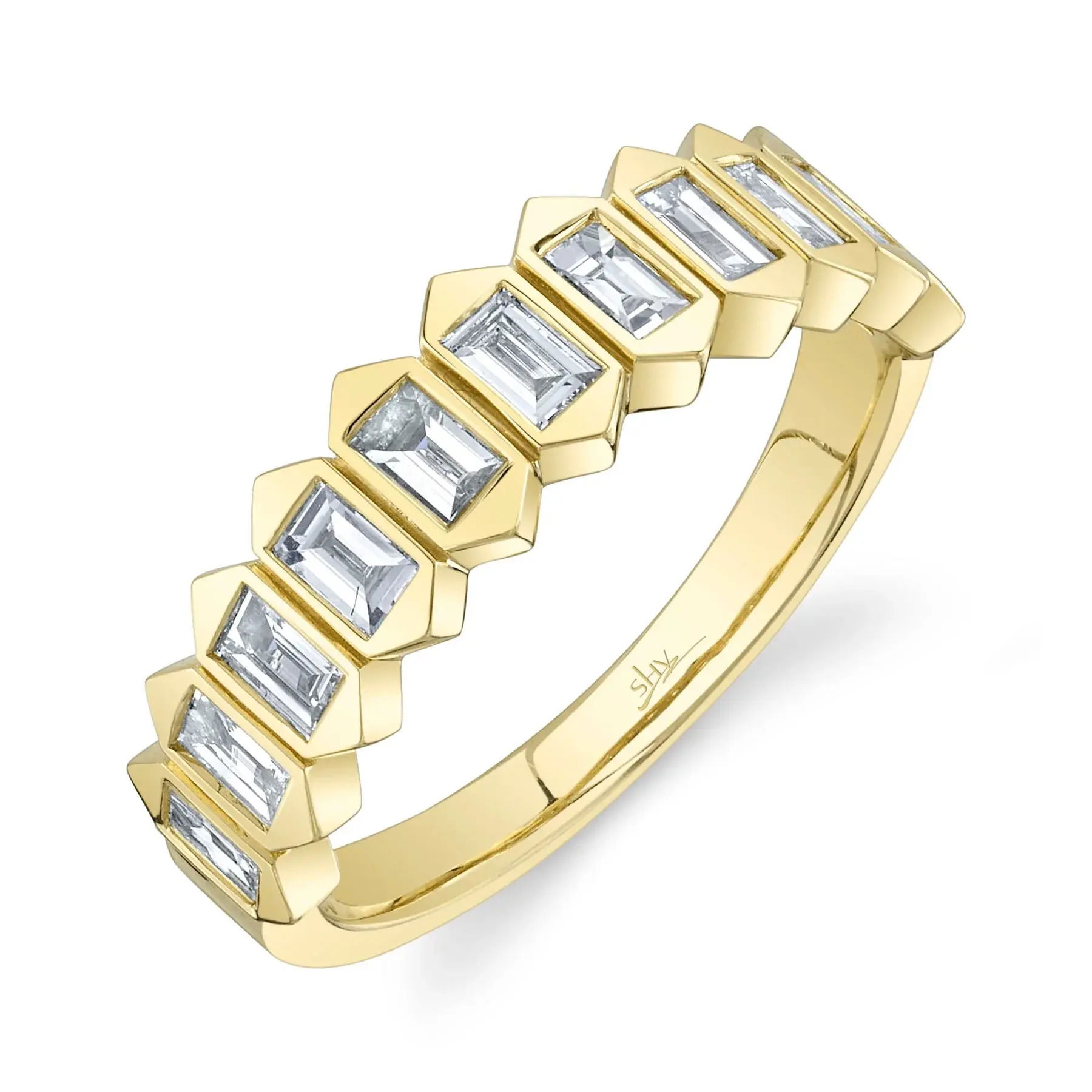 Enjoy a piece that combines standout style with all-day comfort, making it perfect for any occasion. All Shy Creation diamonds are natural and hand-selected. All stones are unique and hand set. As a result, you can expect slight variations in the shade, hue, tint of the color stones and stone count.-14k Yellow gold-Baguette diamonds, 0.75cts-Size 7 Item# 804-00766 Diamond Baguette Band