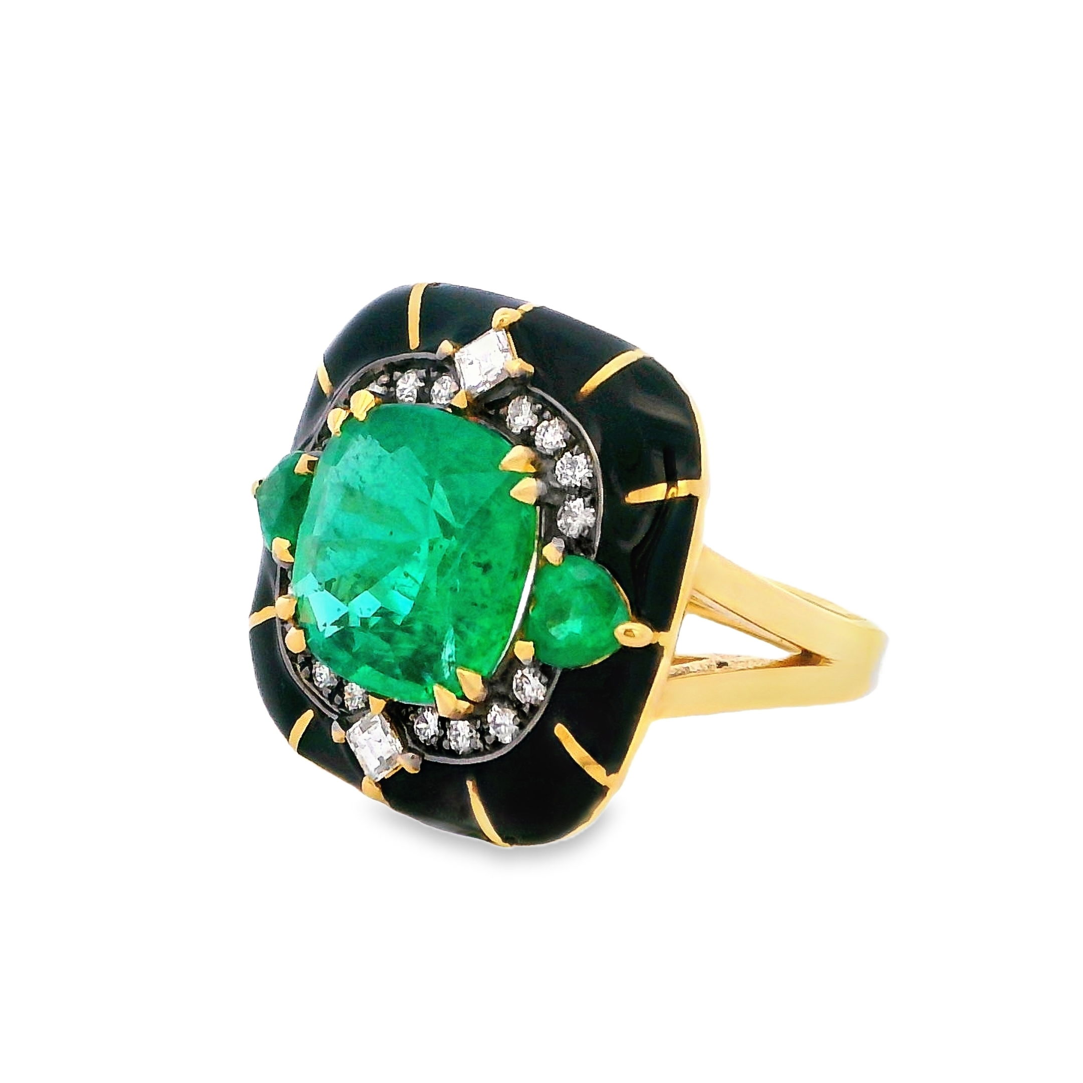 LORD Jewelry is a boutique fine jewelry atelier known for its masterful craftsmanship, intricate designs, and colorful collections. Lena and Sinork Agdere, the father-daughter team behind the Los Angeles based brand, is committed to creating unique, luxurious and timeless jewelry for connoisseurs of fine art and high fashion. Specializing in enamel work, a Lord piece is a great addition to any collection. -18K Yellow gold-Round diamonds, 0.37cts-Cushion cut Emerald, 4.28ct-Heart Emeralds, 0.50cts-Size 7Item# 804-00771 Emerald & Enamel Ring